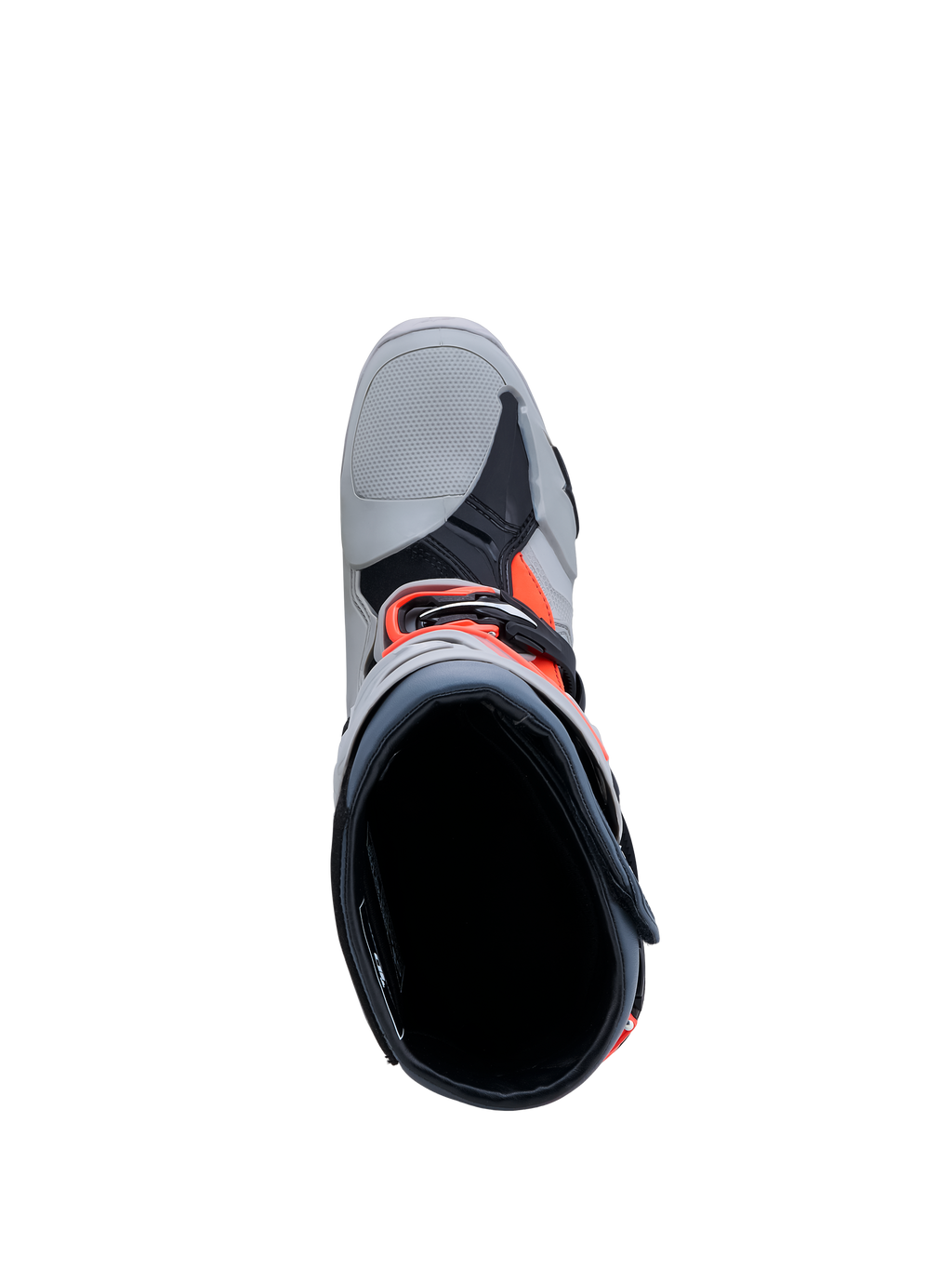 Alpinestars Tech-10 Enduro, botas de motocross para hombre, gris y rojo flúor, vista superior con cierre de hebilla.