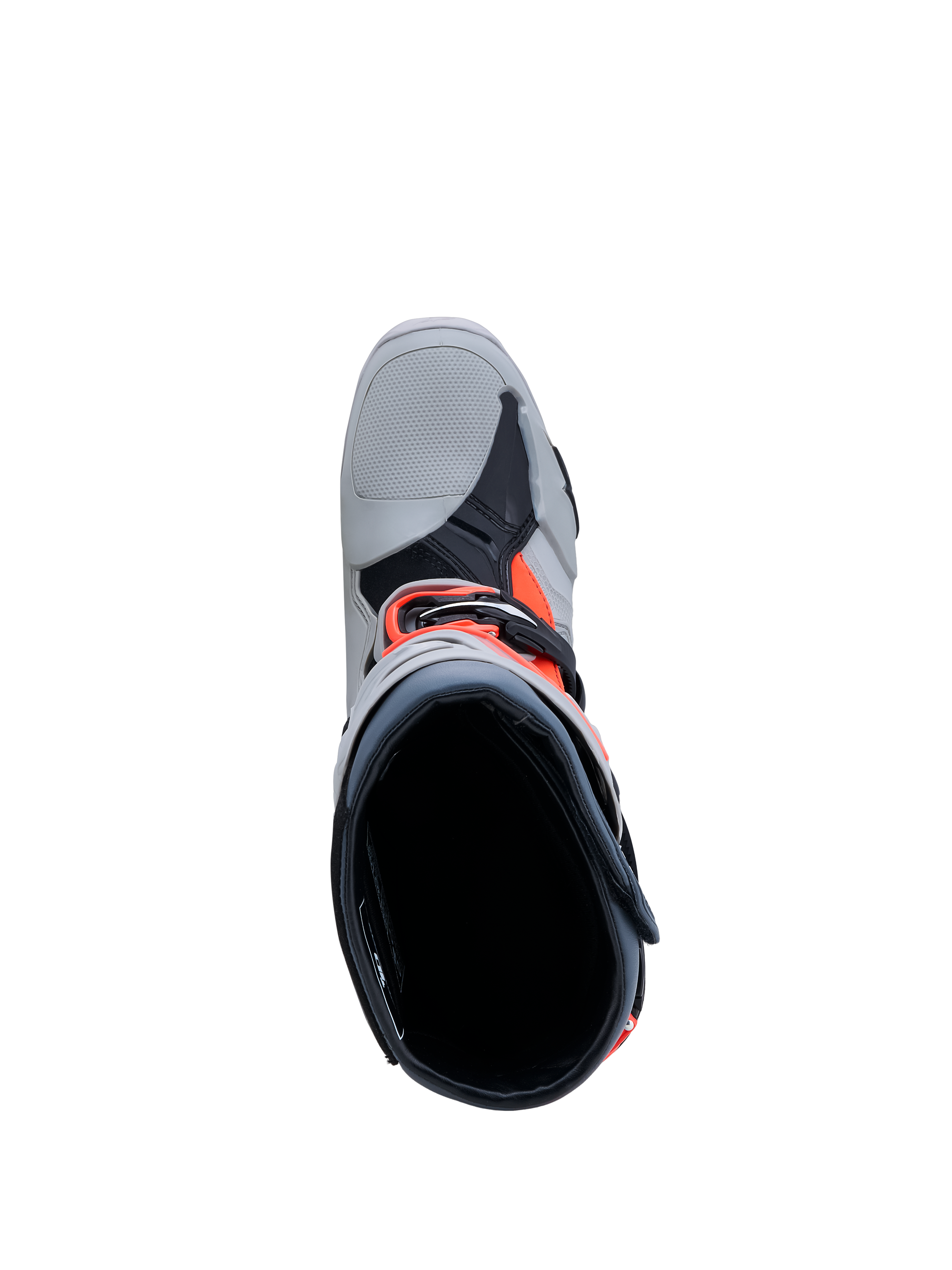 Alpinestars Tech-10 Enduro, botas de motocross para hombre, gris y rojo flúor, vista superior con cierre de hebilla.