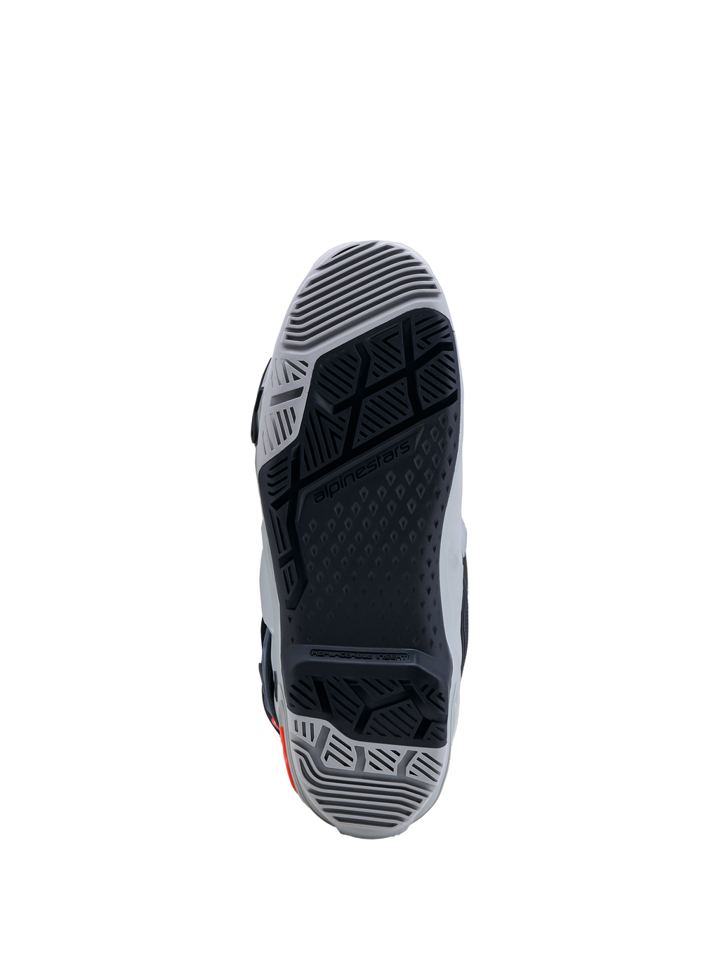 Alpinestars Tech-10 Enduro, suela de bota de moto off-road, gris y negra, con inserto reemplazable para máximo agarre.