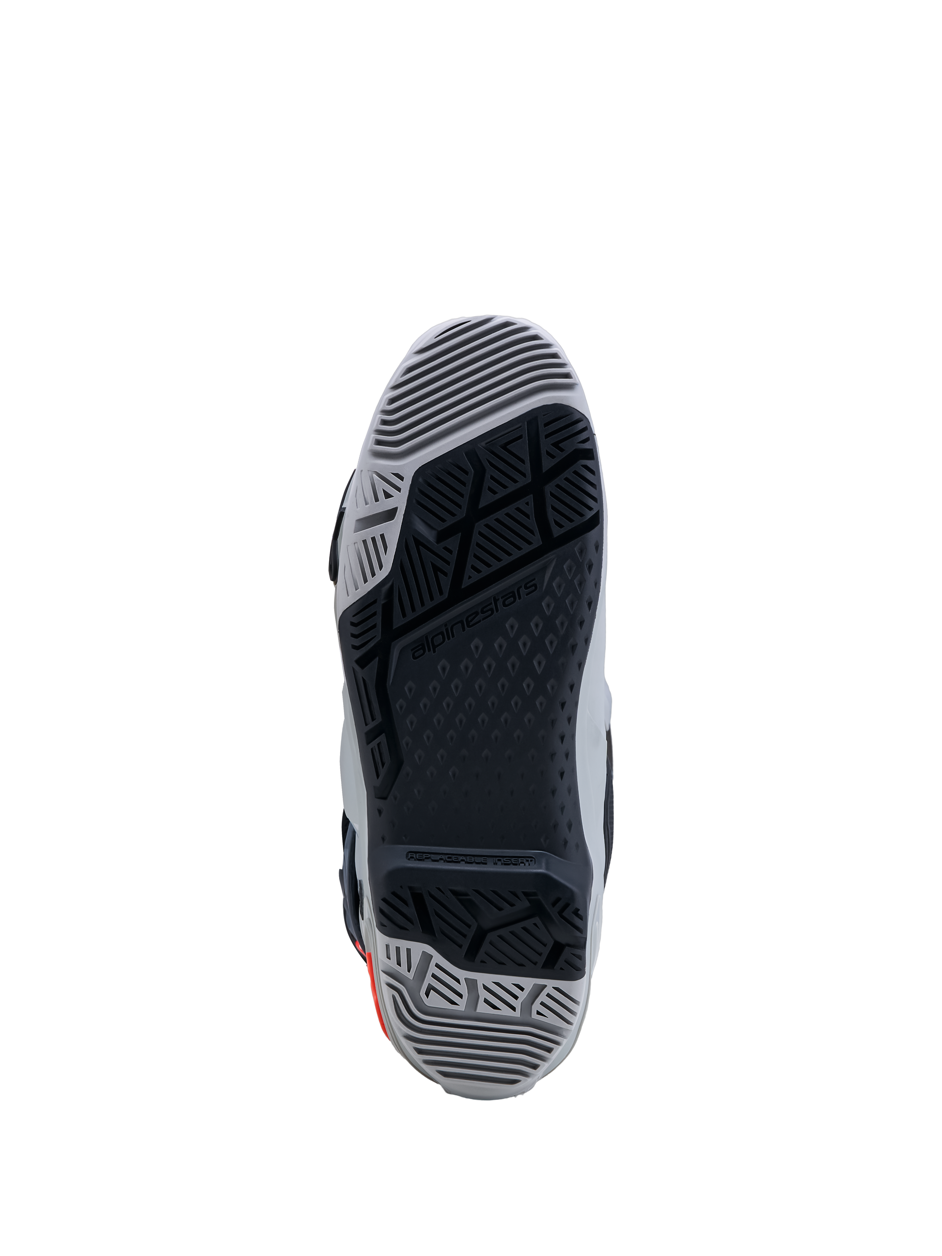 Alpinestars Tech-10 Enduro, suela de bota de moto off-road, gris y negra, con inserto reemplazable para máximo agarre.