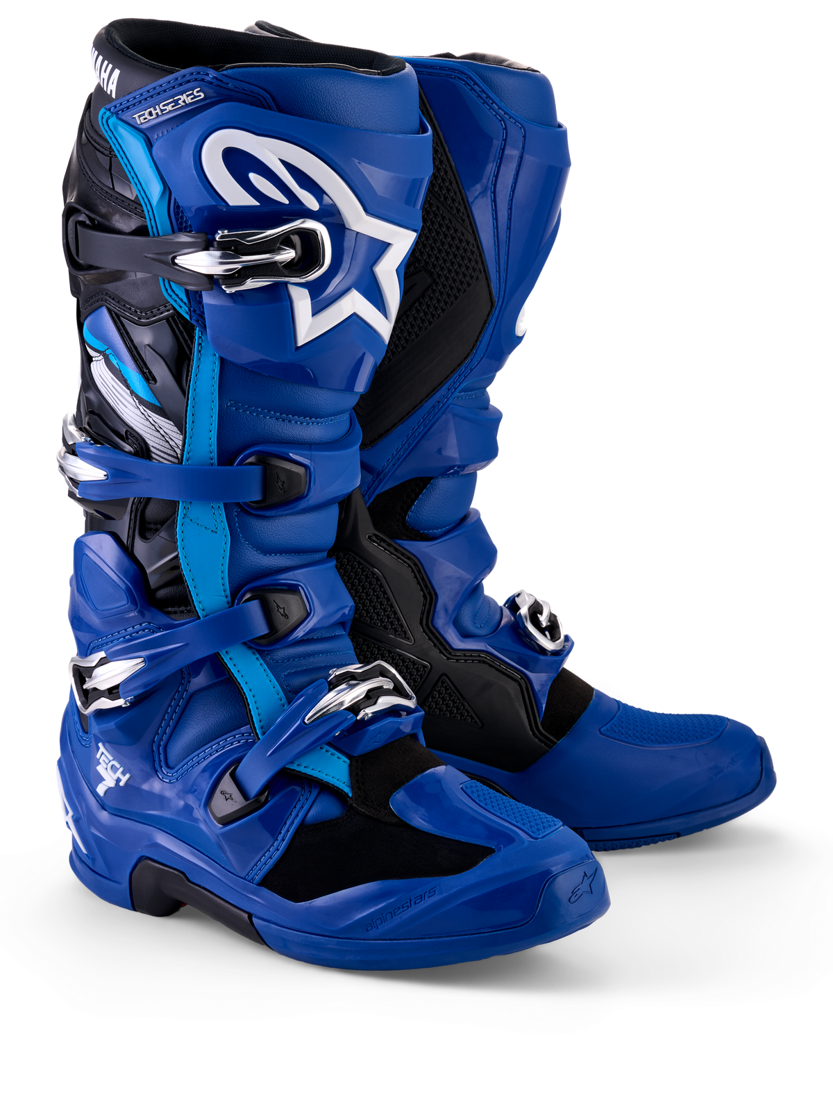 Botas Alpinestars Yamaha Tech 7, botas de motocross, azul, negro y blanco, con un sistema de cierre de múltiples hebillas, placa de espinilla de TPU con el logotipo Astar en blanco y la marca Yamaha en la polaina superior, diseñadas para el rendimiento todoterreno