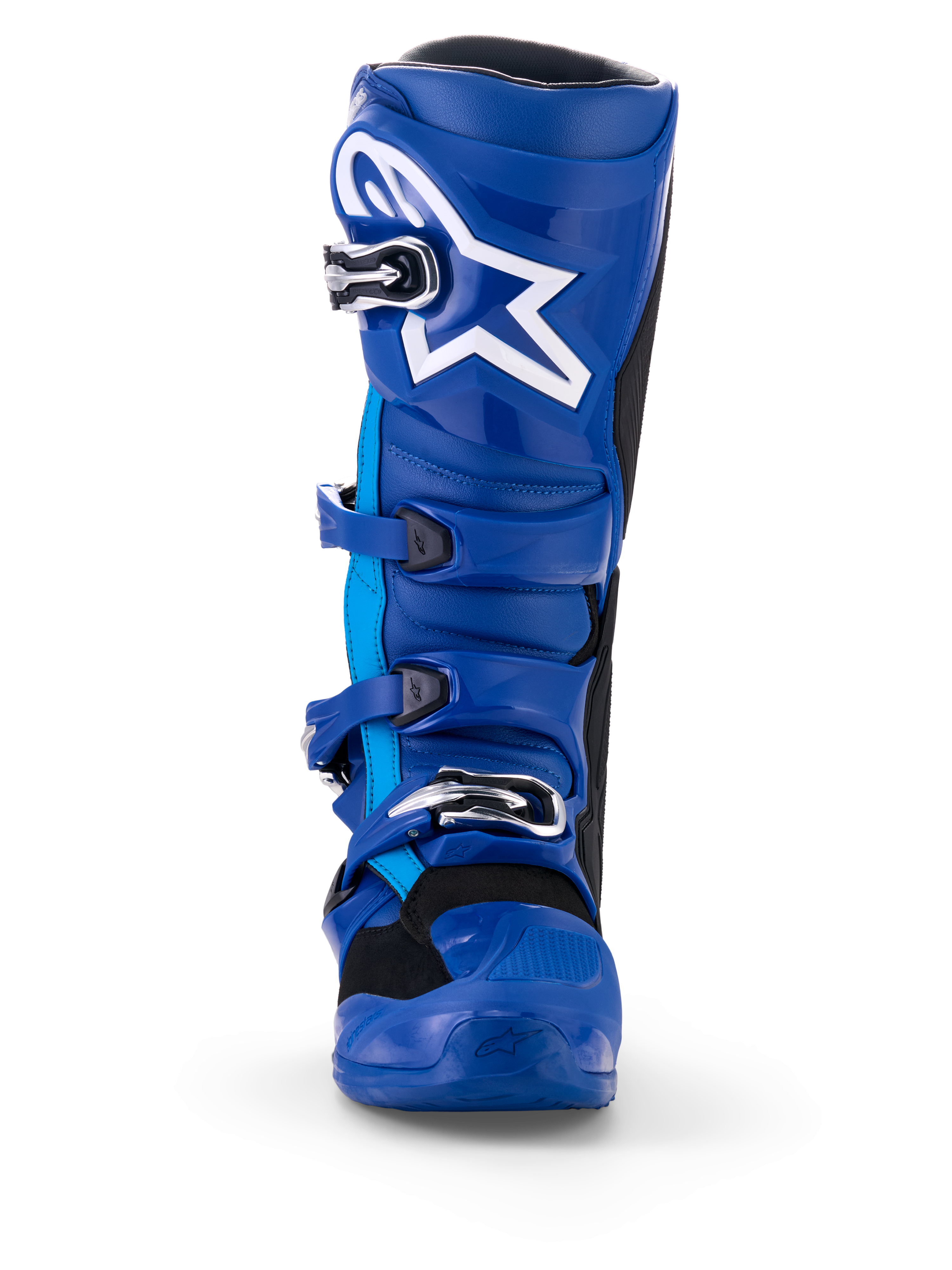 Alpinestars Yamaha Tech 7 Boots, Motocross Boots, Blue and White, front view, featuring white Astar logo, silver buckle system, and rugged TPU protective shell for dirt bike racing