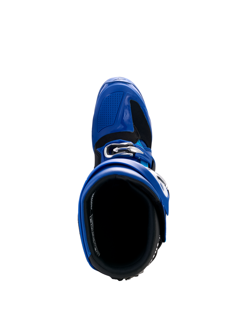 Alpinestars Yamaha Tech 7 Boots, Motocross Boots, Blue Black and White, top-down view showing interior opening and adjustable buckle system, high-performance protective footwear for off-road racing
