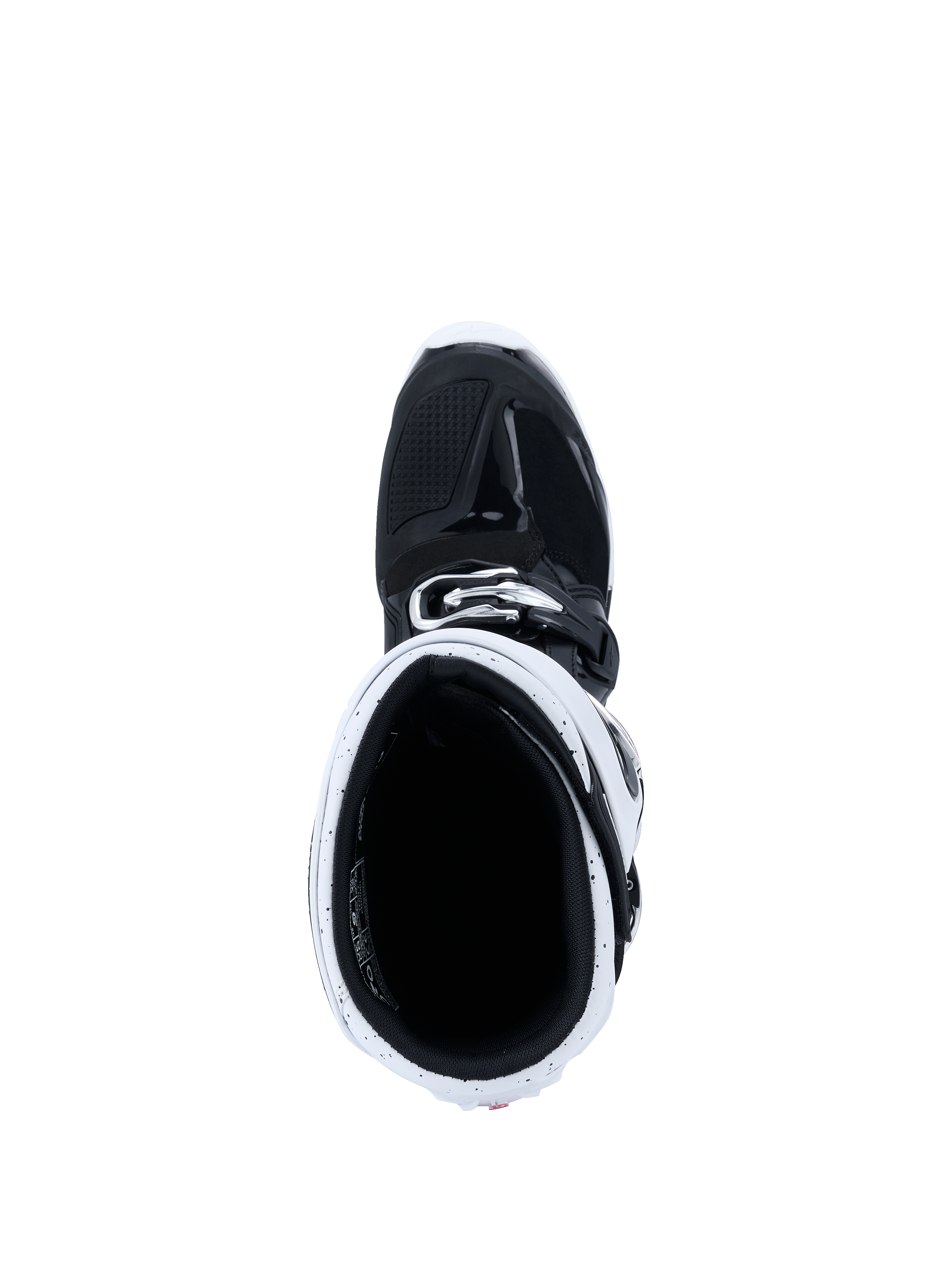Botas Alpinestars 2026 Tech 7 Enduro, botas de motocross, negro y blanco, vista desde arriba hacia el interior de la caña de la bota mostrando la polaina blanca y el interior negro, equipamiento especializado para off-road y enduro