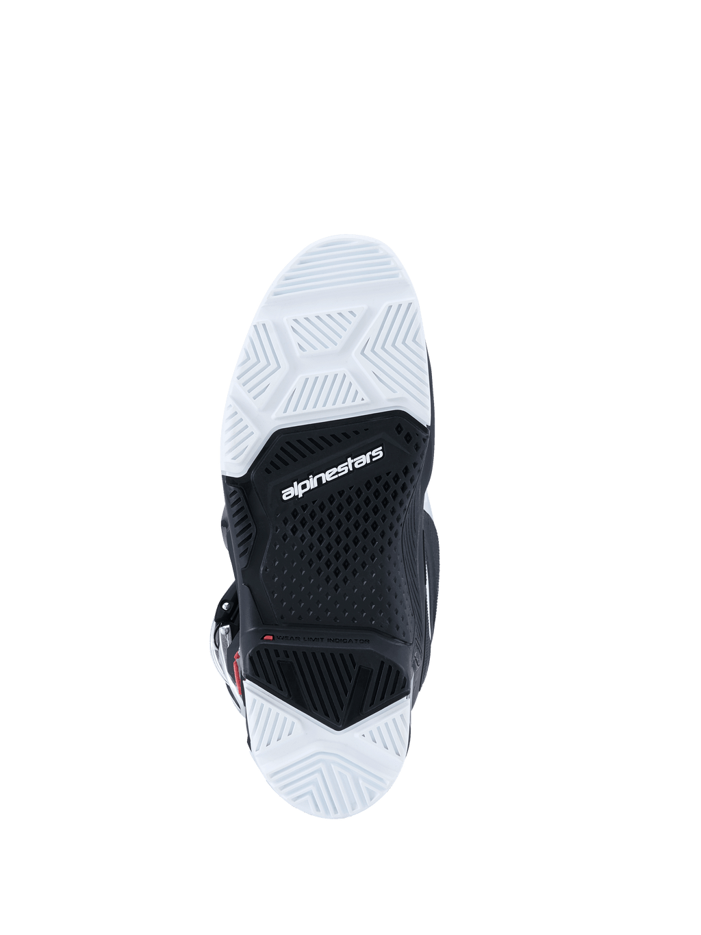 Botas Alpinestars Tech 7 Enduro 2026, vista inferior de la suela, suela de doble compuesto en blanco y negro con patrón de dibujo texturizado, logotipo de Alpinestars en el centro, diseñada para ofrecer durabilidad y agarre en terrenos off-road