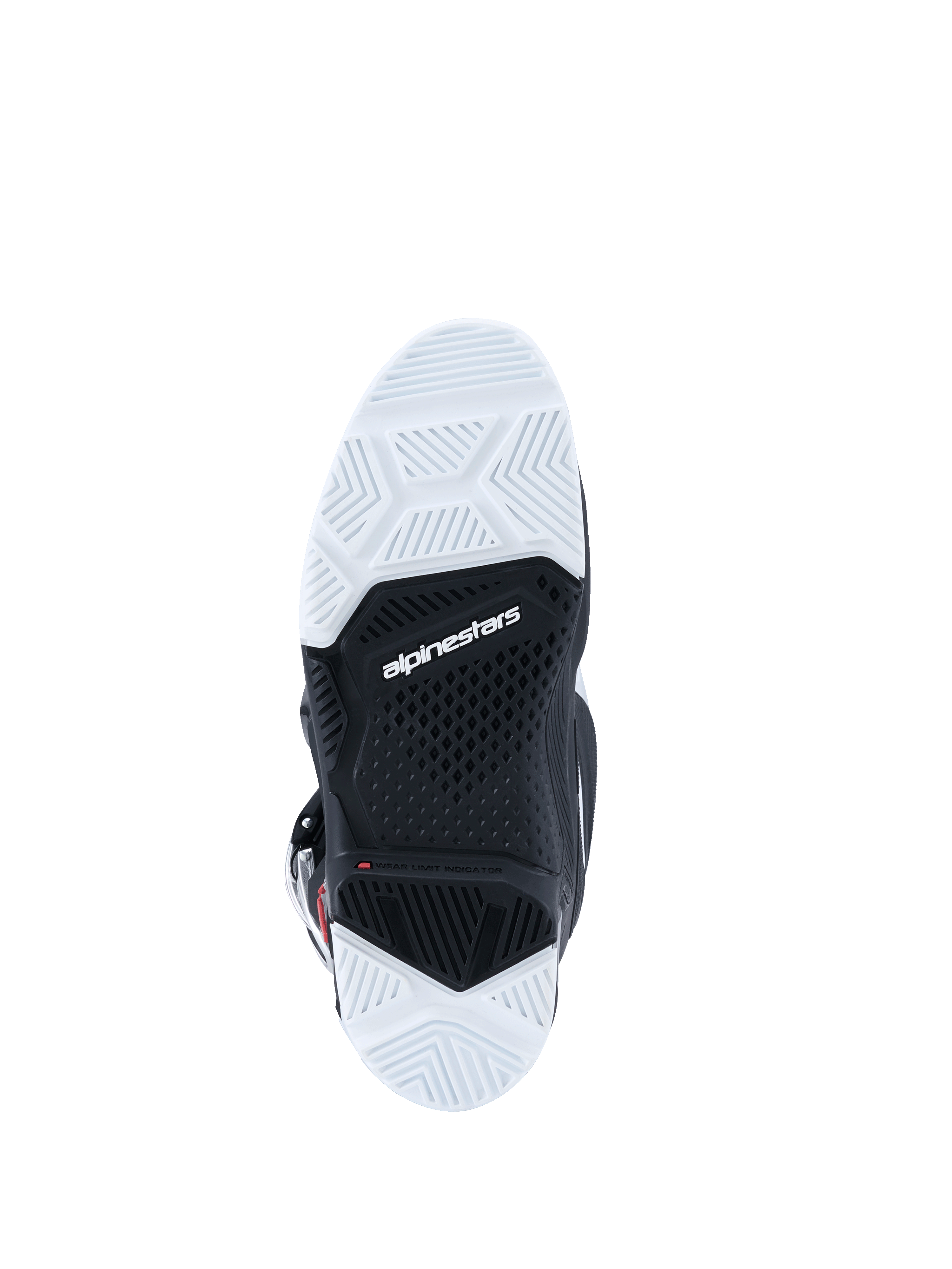 Botas Alpinestars Tech 7 Enduro 2026, vista inferior de la suela, suela de doble compuesto en blanco y negro con patrón de dibujo texturizado, logotipo de Alpinestars en el centro, diseñada para ofrecer durabilidad y agarre en terrenos off-road