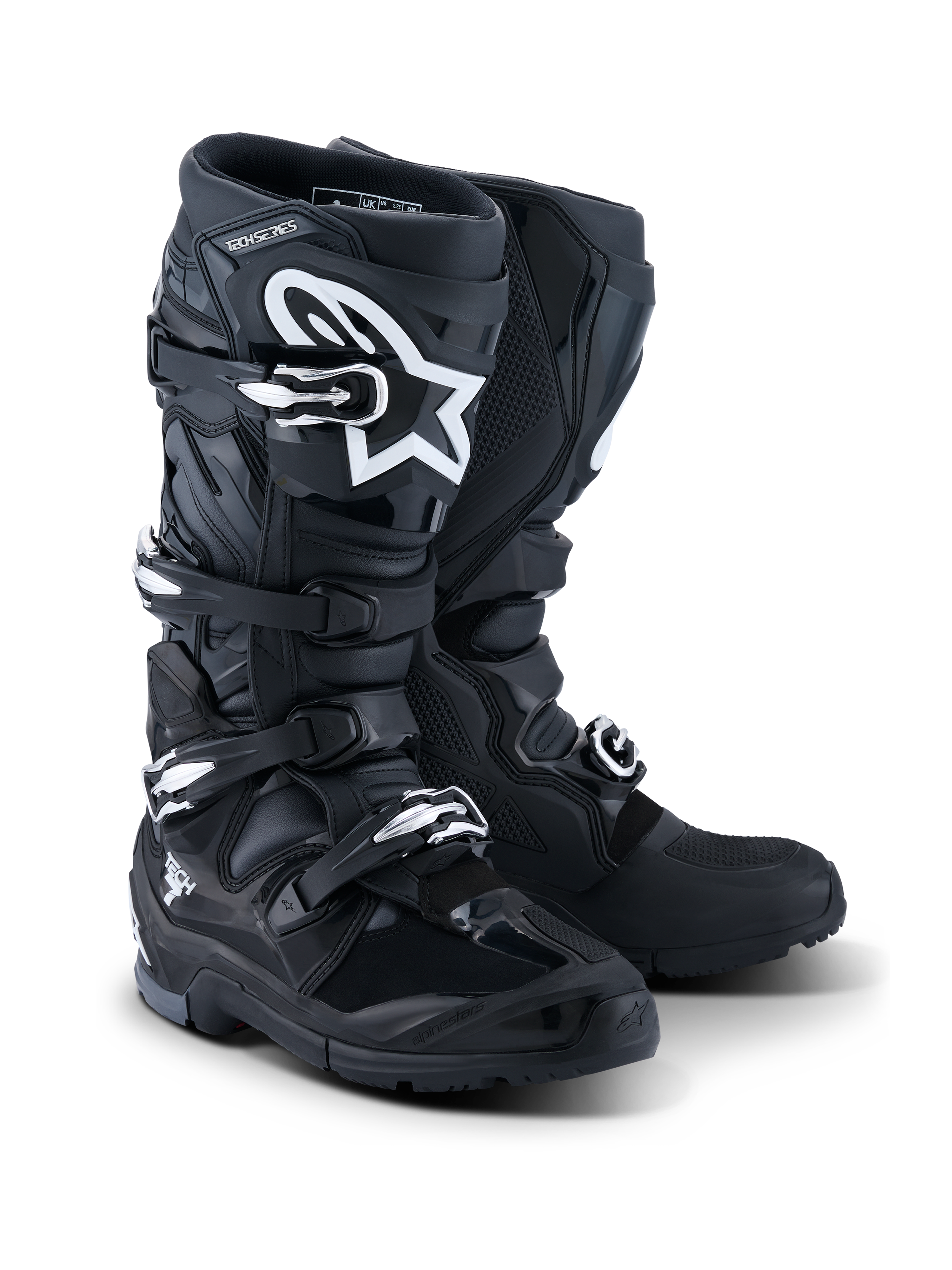 Alpinestars 2026 Tech 7 Enduro Boots, botas de enduro para moto, negro, antracita y blanco, con sistema de cierre de cuatro hebillas, logotipo blanco en la placa de la espinilla y suela robusta de doble compuesto para tracción off-road