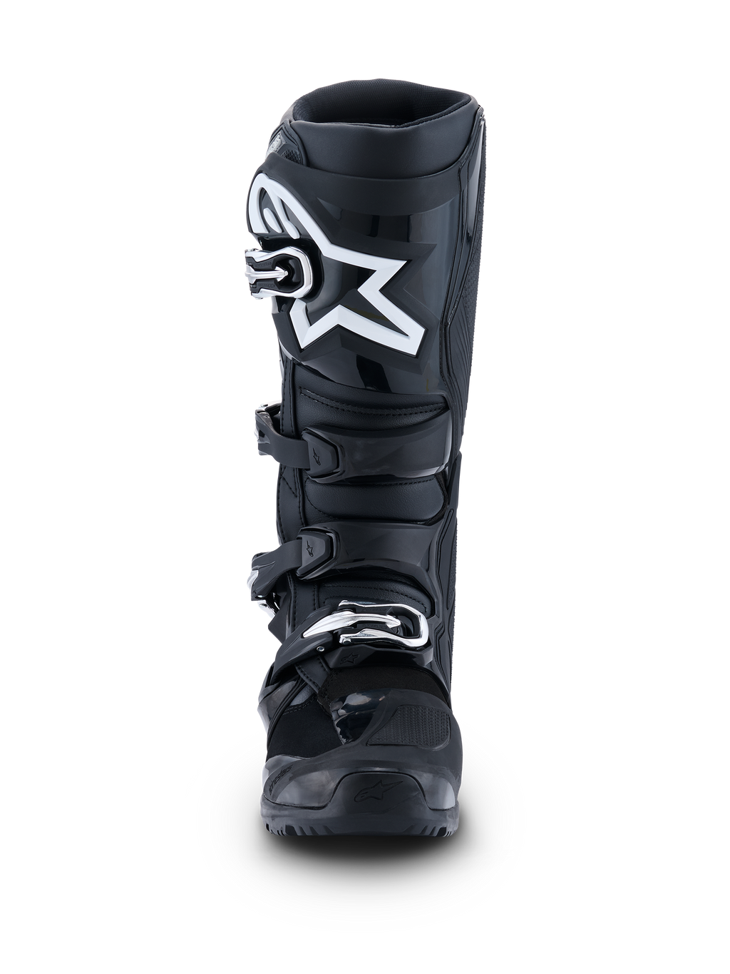 Botas Alpinestars 2026 Tech 7 Enduro, Negro Antracita Blanco, vista frontal con un destacado logotipo de estrella blanca en la placa de la espinilla, sistema de cierre de cuatro hebillas de liberación rápida y estructura protectora reforzada para enduro y off-road