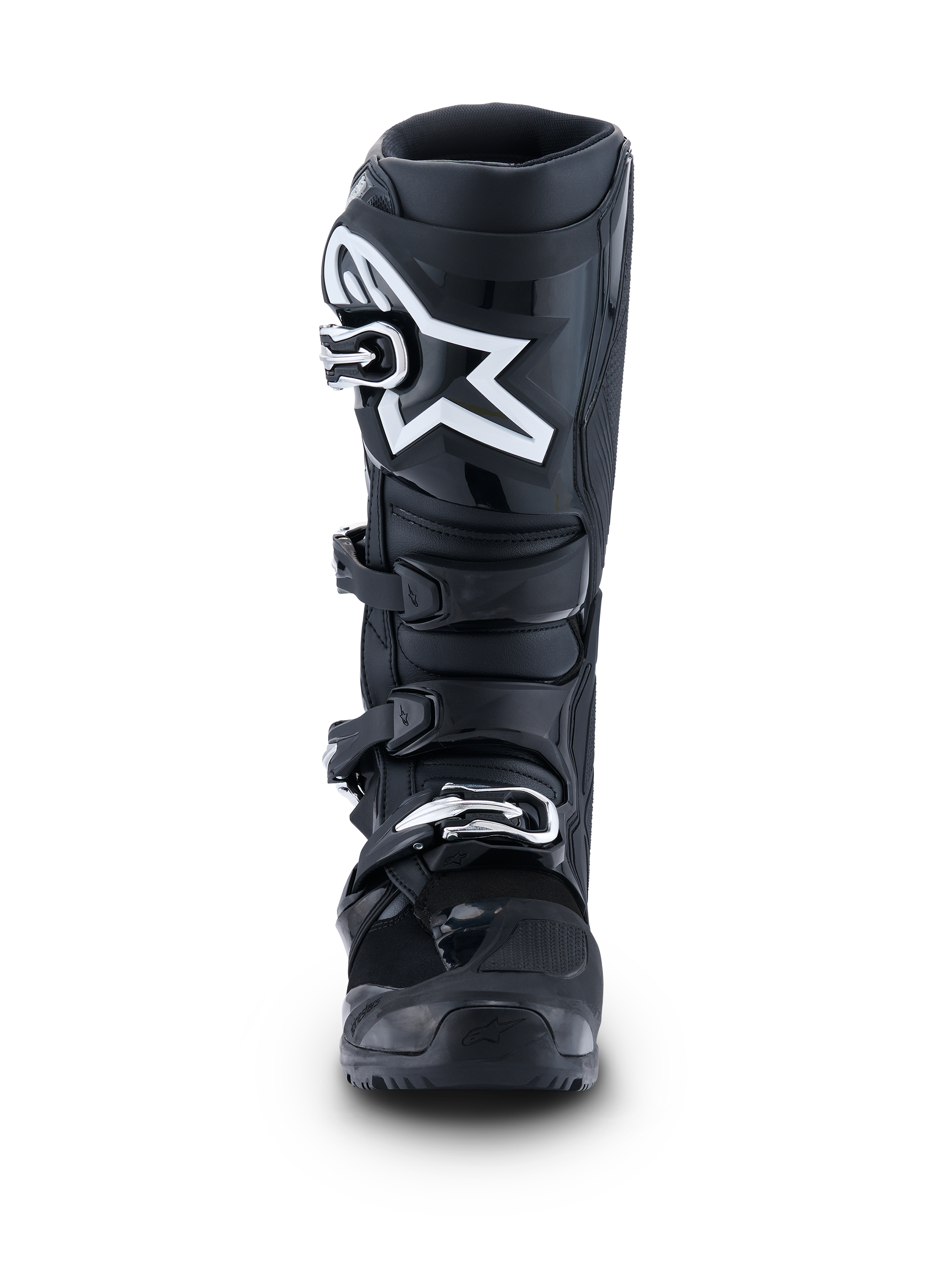 Botas Alpinestars 2026 Tech 7 Enduro, Negro Antracita Blanco, vista frontal con un destacado logotipo de estrella blanca en la placa de la espinilla, sistema de cierre de cuatro hebillas de liberación rápida y estructura protectora reforzada para enduro y off-road