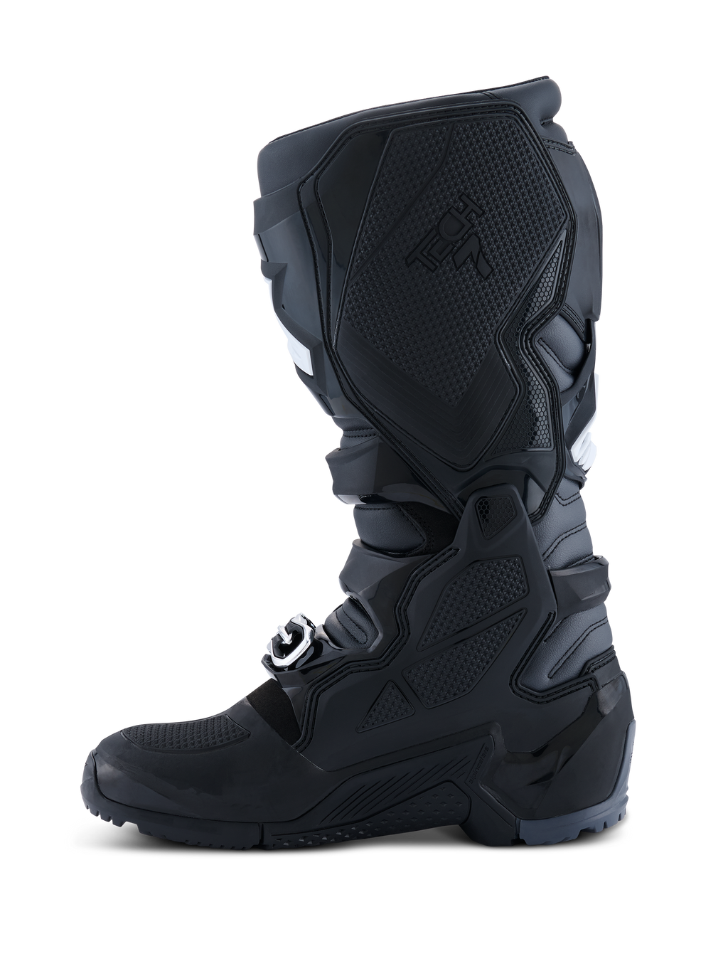 Botas Alpinestars 2026 Tech 7 Enduro, botas de motocross y enduro, Negro Antracita Blanco, vista lateral medial que muestra el panel de TPU texturizado para el contacto con la moto, suela robusta de doble compuesto y construcción de microfibra duradera.