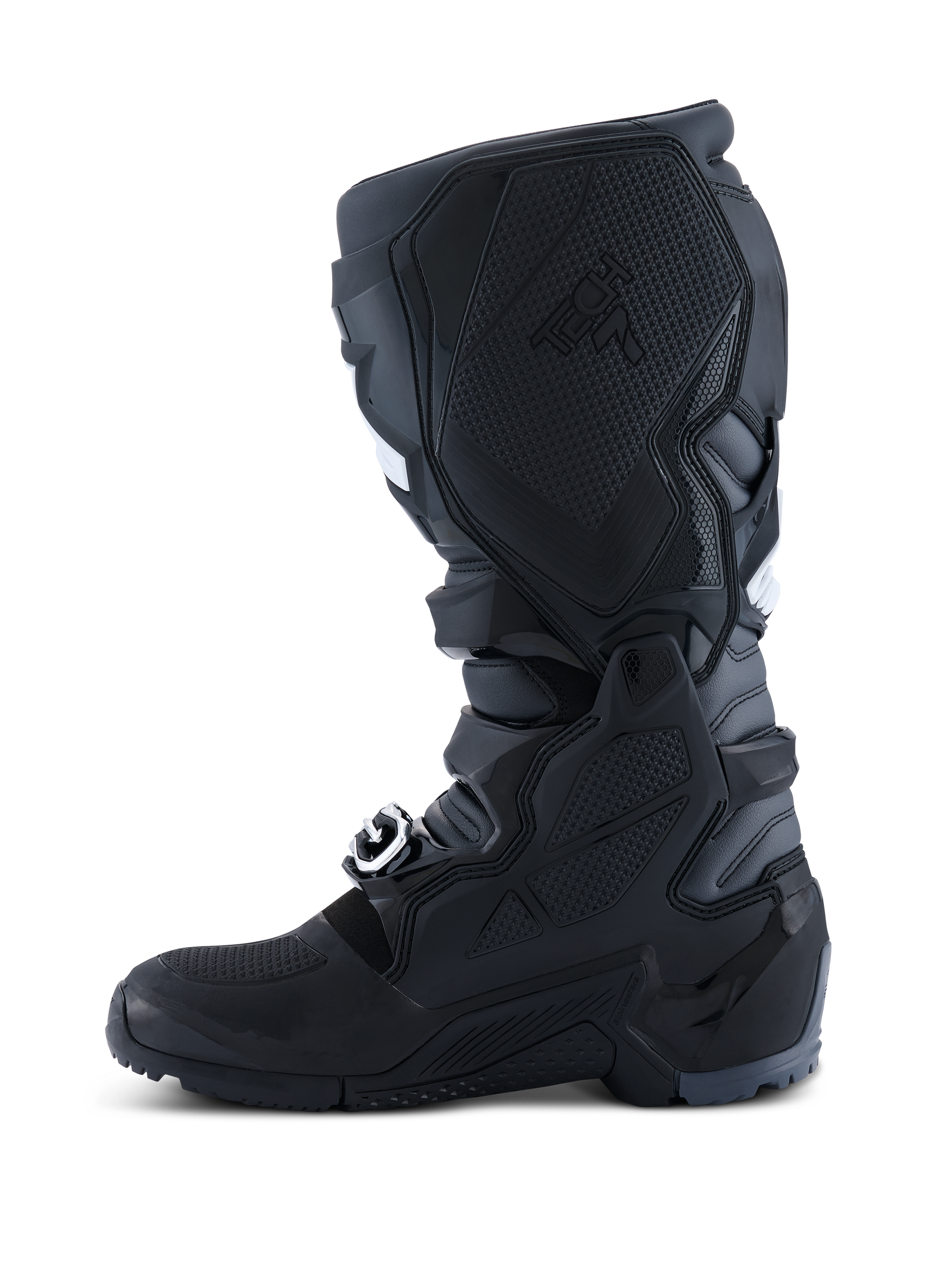 Alpinestars 2026 Tech 7 Enduro Boots, Motocross and Enduro Boots, Black Anthracite White, medial side view showing the textured TPU panel for bike contact, rugged dual-compound sole, and durable microfiber construction.