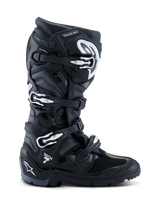 Alpinestars 2026 Tech 7 Enduro Boots, Black Anthracite White, specialized off-road motorcycle boots featuring a four-buckle closure system, durable PU-reinforced microfiber upper, and a rugged lugged sole for enduro terrain, sleek design with prominent Tech 7 branding on the heel.