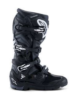 Alpinestars 2026 Tech 7 Enduro Boots, Black Anthracite White, specialized off-road motorcycle boots featuring a four-buckle closure system, durable PU-reinforced microfiber upper, and a rugged lugged sole for enduro terrain, sleek design with prominent Tech 7 branding on the heel.
