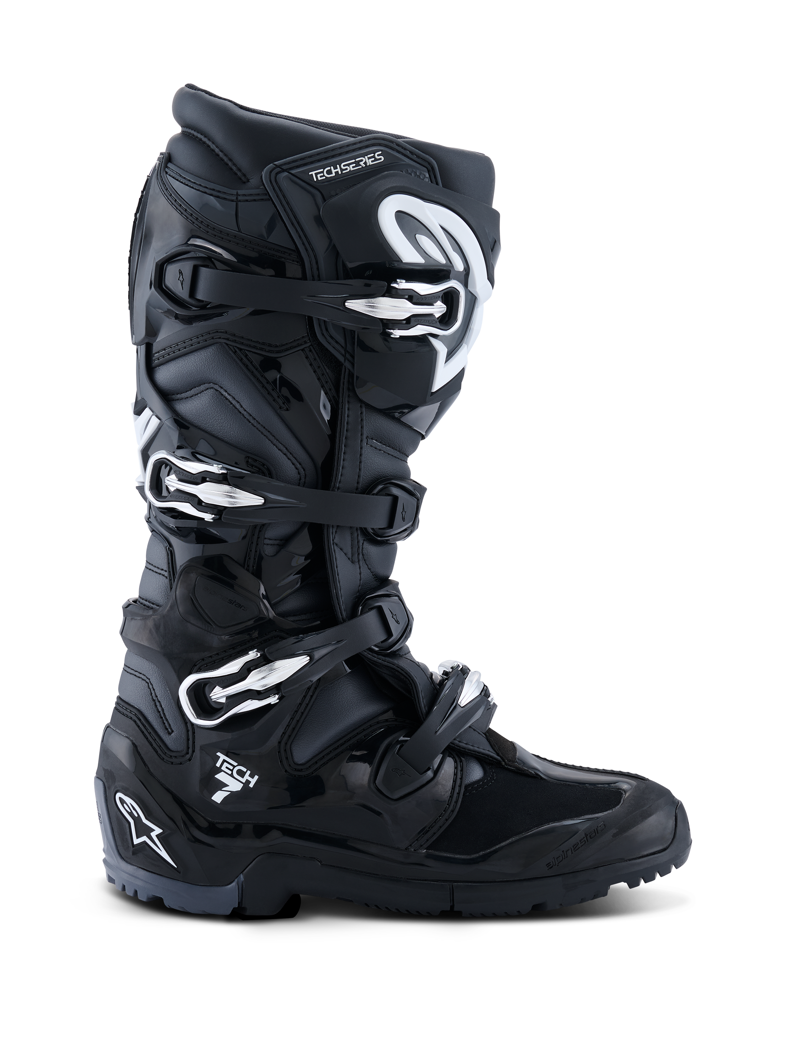 Botas Alpinestars Tech 7 Enduro 2026, negro antracita y blanco, botas de motocross especializadas con sistema de cierre de cuatro hebillas, parte superior de microfibra reforzada con PU y suela con tacos para terrenos de enduro, diseño estilizado con logo Tech 7 en el talón