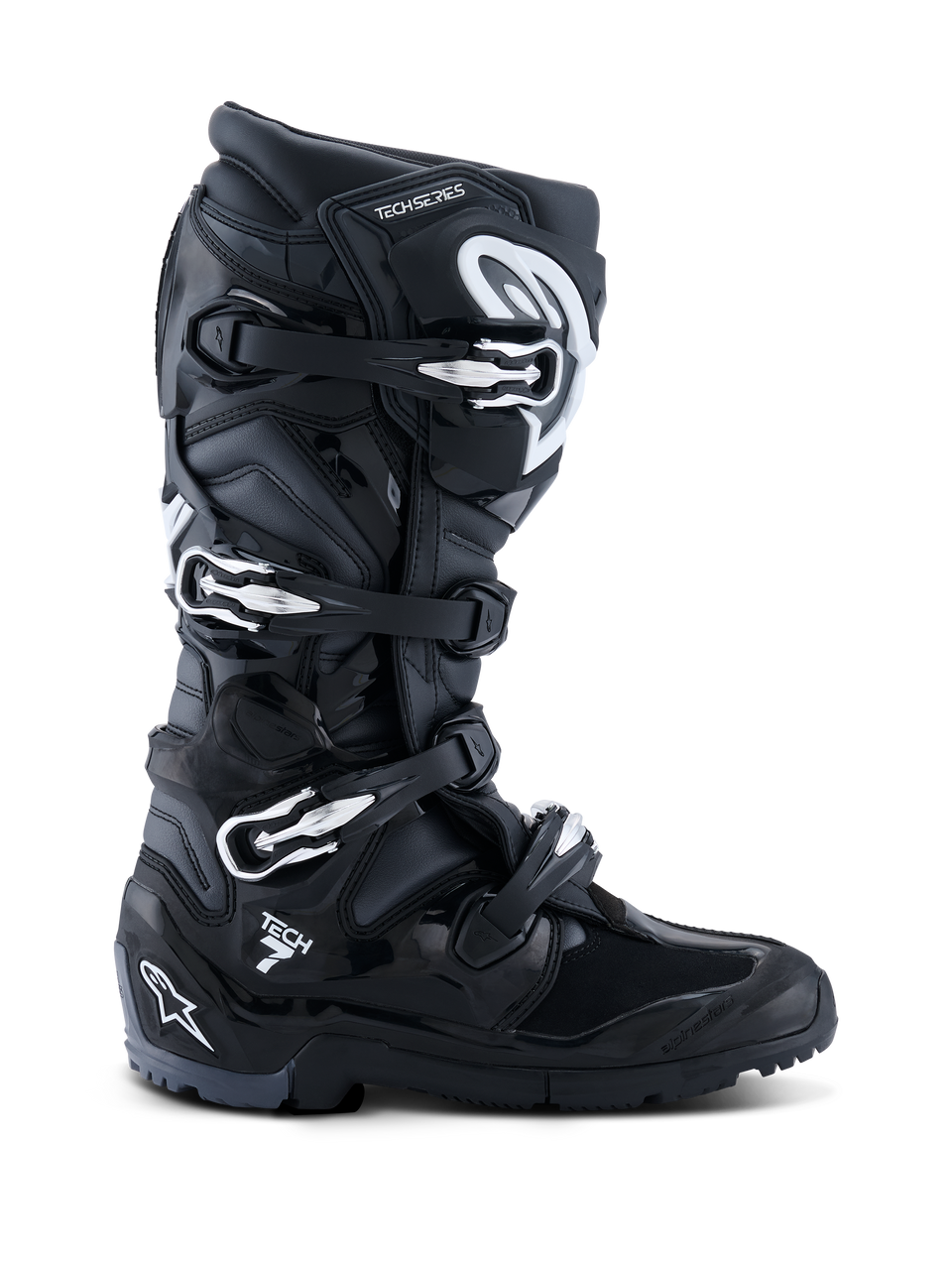 Botas Alpinestars Tech 7 Enduro 2026, negro antracita y blanco, botas de motocross especializadas con sistema de cierre de cuatro hebillas, parte superior de microfibra reforzada con PU y suela con tacos para terrenos de enduro, diseño estilizado con logo Tech 7 en el talón