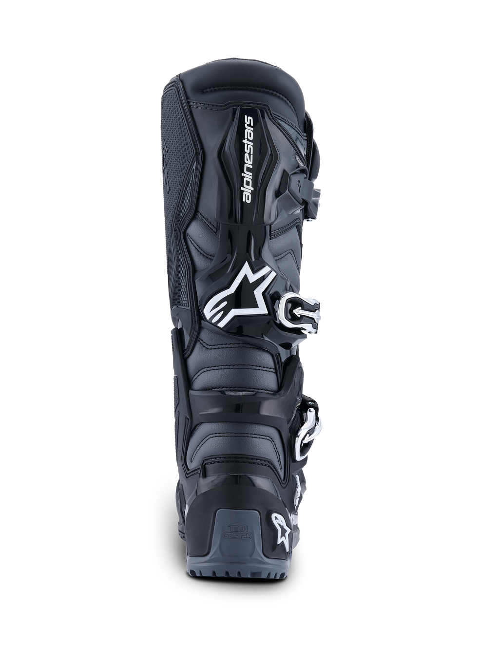 Botas Alpinestars 2026 Tech 7 Enduro, vista trasera, negro antracita y blanco, botas de moto off-road con logotipo Astar blanco, sistema de cierre de hebillas y protección de talón en TPU