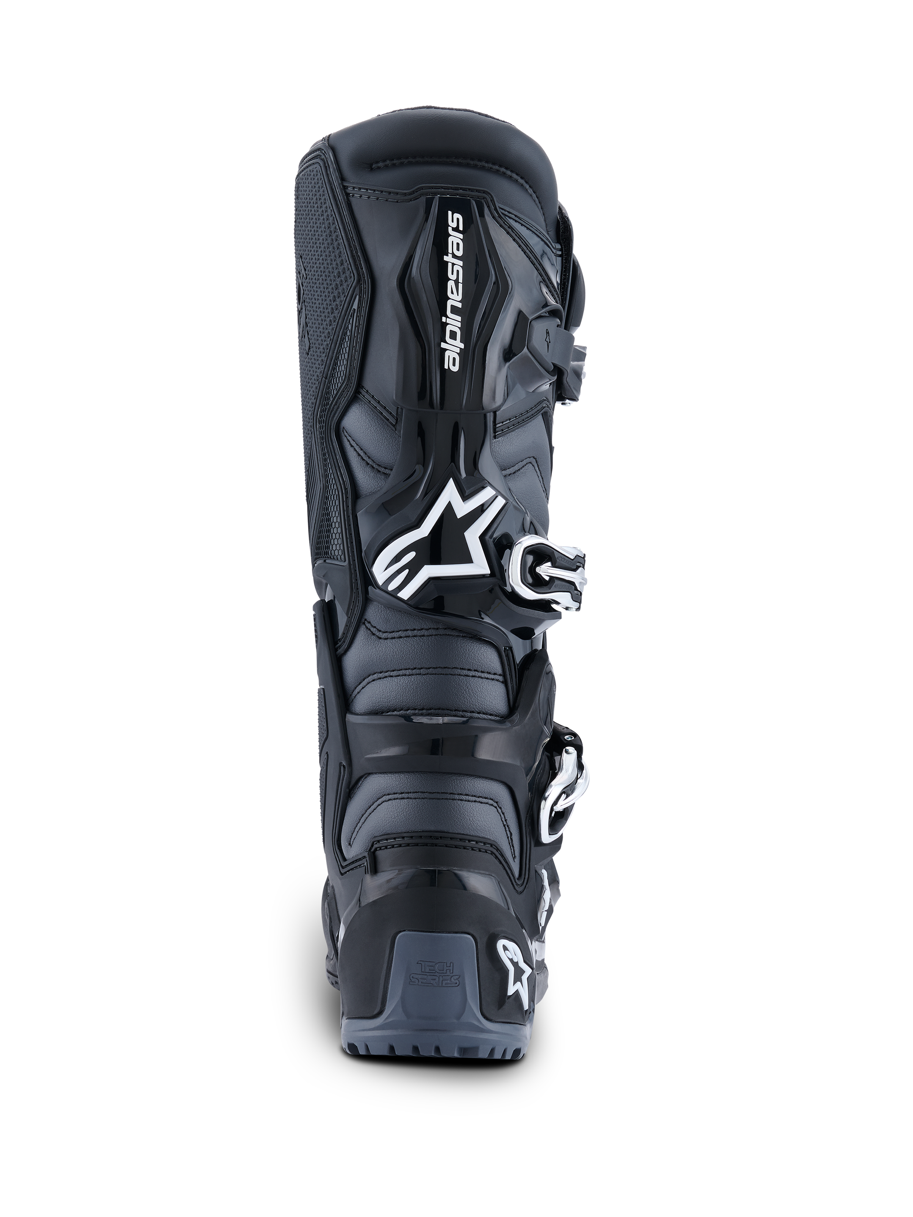 Botas Alpinestars 2026 Tech 7 Enduro, vista trasera, negro antracita y blanco, botas de moto off-road con logotipo Astar blanco, sistema de cierre de hebillas y protección de talón en TPU