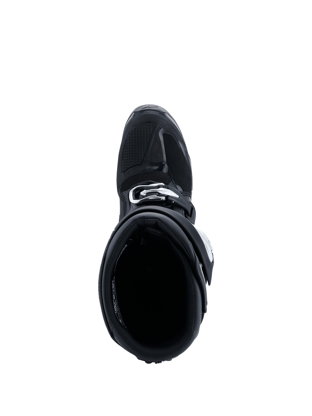 Botas Alpinestars 2026 Tech 7 Enduro, botas de motociclismo off-road, negro, antracita y blanco, vista superior hacia la apertura de la bota que muestra el forro interior acolchado y el sistema de cierre de hebillas, construcción protectora duradera para enduro
