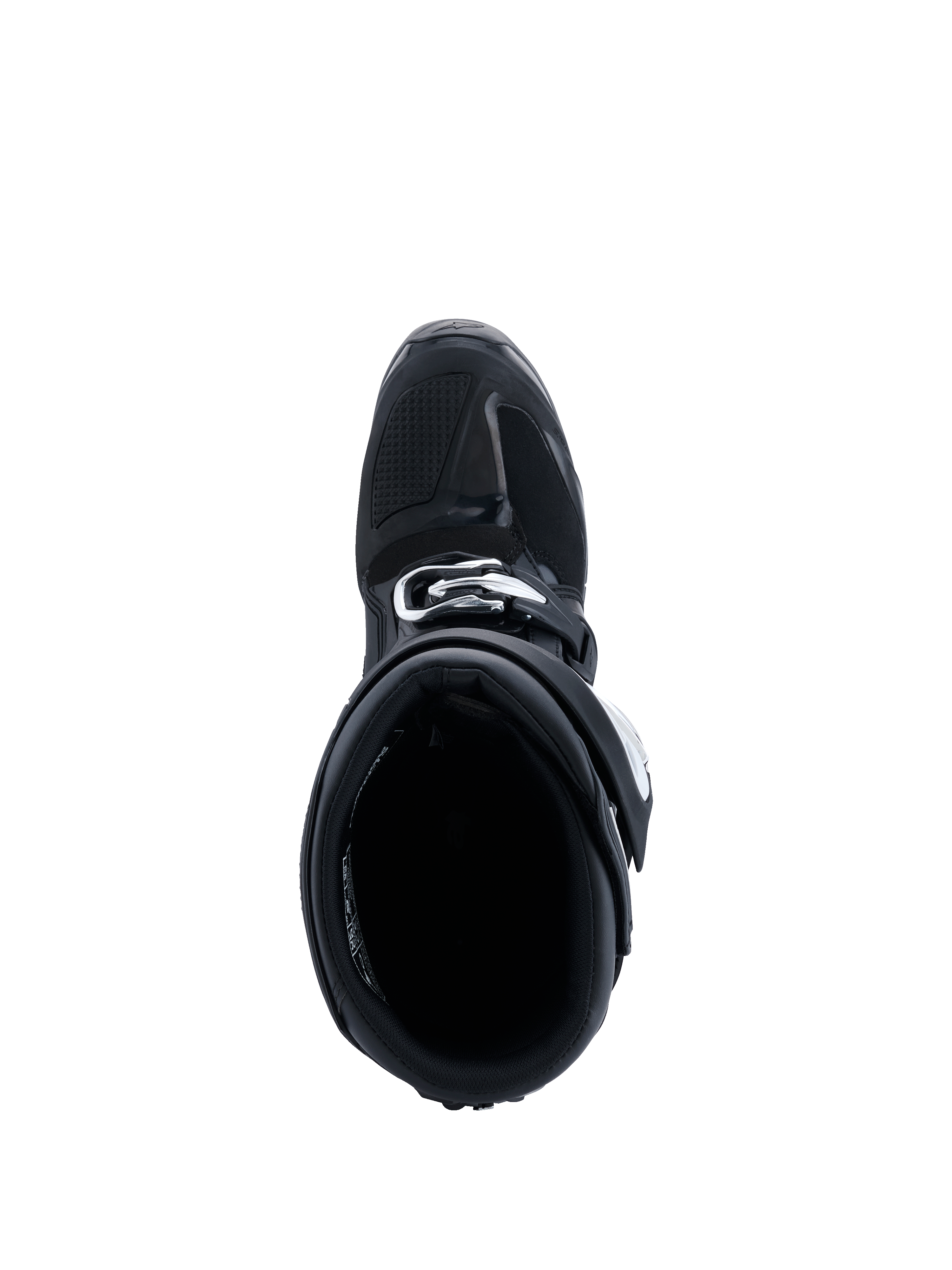 Botas Alpinestars 2026 Tech 7 Enduro, botas de motociclismo off-road, negro, antracita y blanco, vista superior hacia la apertura de la bota que muestra el forro interior acolchado y el sistema de cierre de hebillas, construcción protectora duradera para enduro