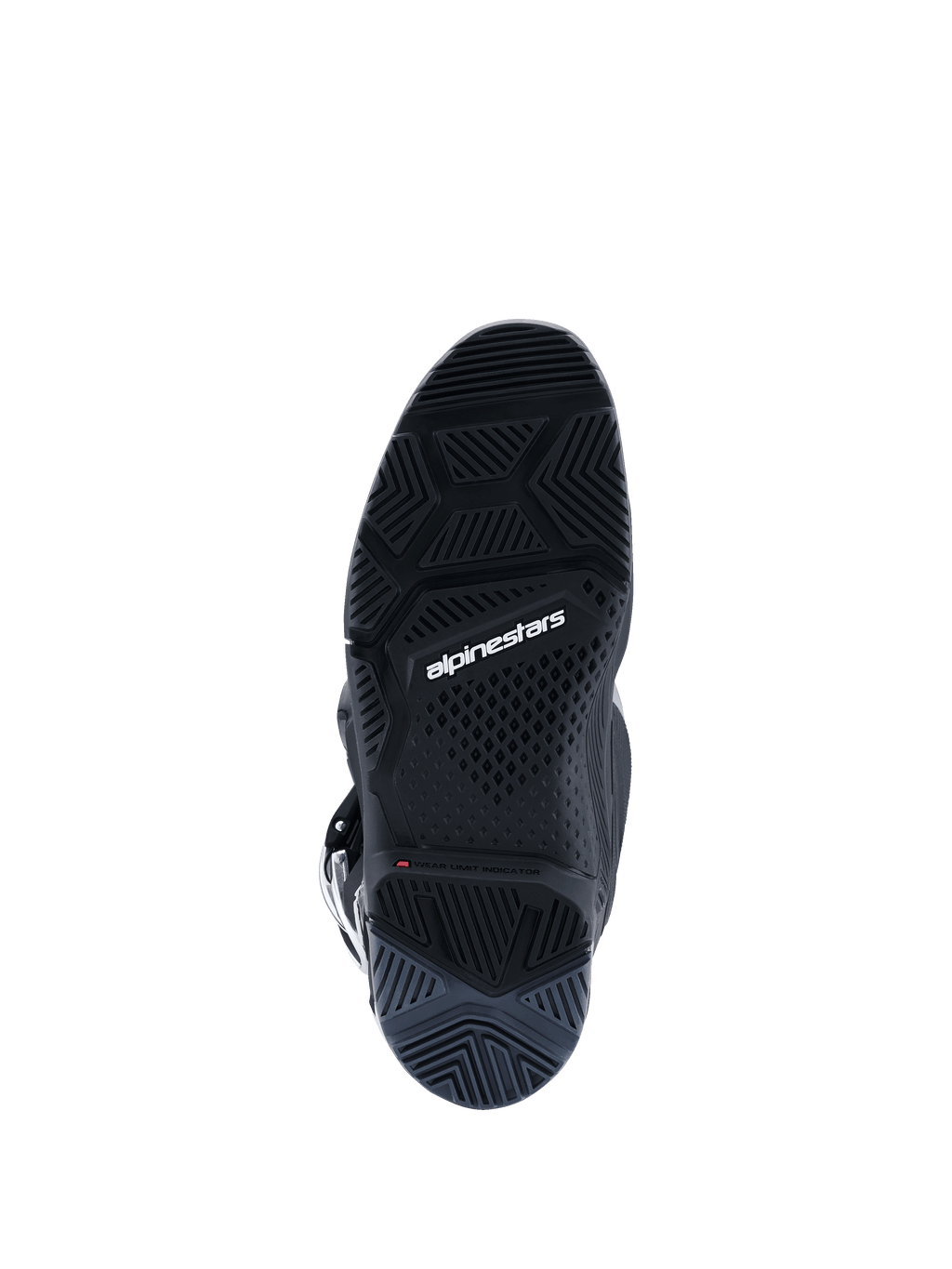 Botas Alpinestars 2026 Tech 7 Enduro, Negro Antracita Blanco, vista inferior que muestra la suela de doble compuesto especializada para Enduro, patrón de dibujo detallado para tracción off-road, marca Alpinestars en blanco e indicador de límite de desgaste