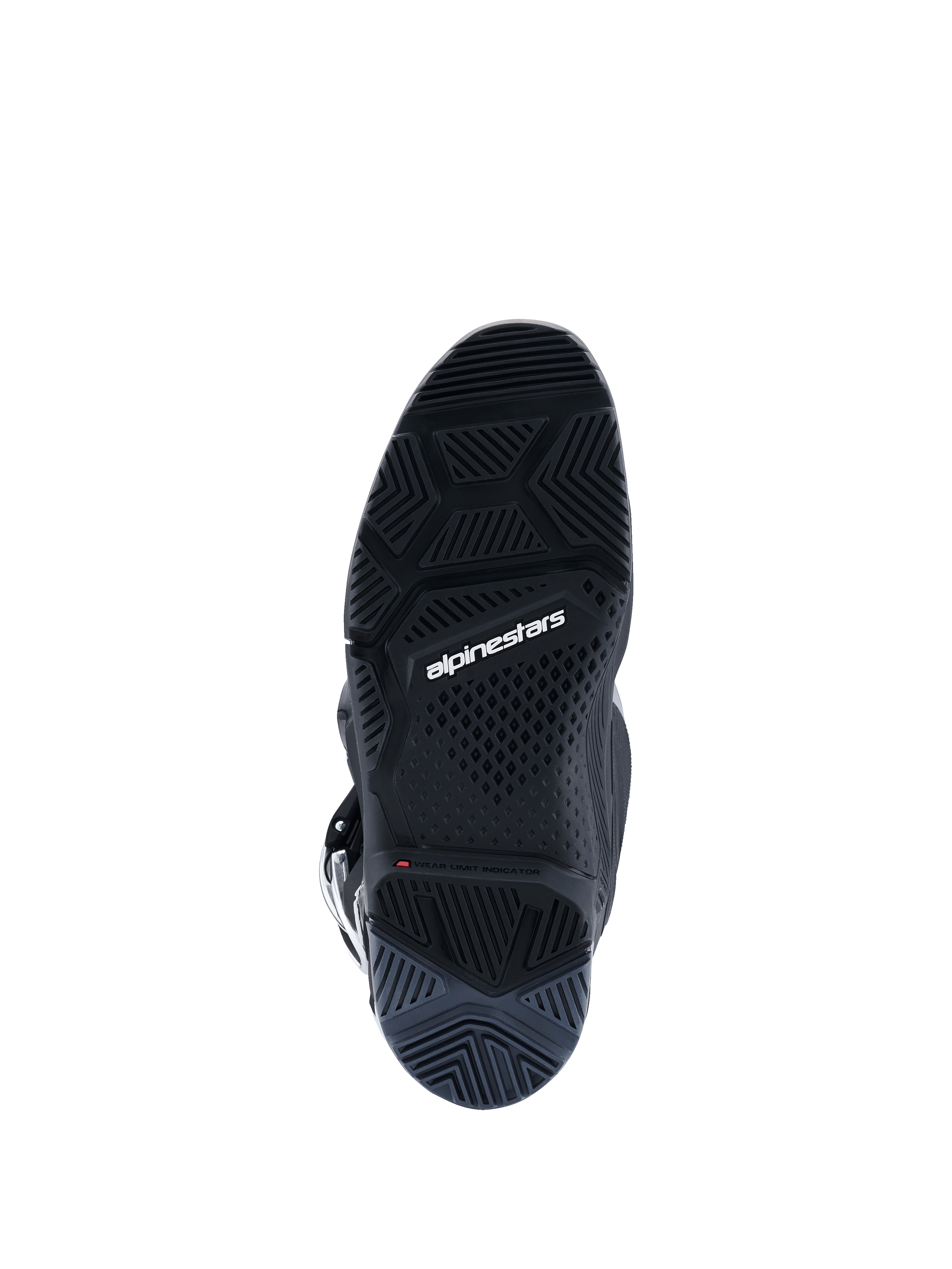 Botas Alpinestars 2026 Tech 7 Enduro, Negro Antracita Blanco, vista inferior que muestra la suela de doble compuesto especializada para Enduro, patrón de dibujo detallado para tracción off-road, marca Alpinestars en blanco e indicador de límite de desgaste