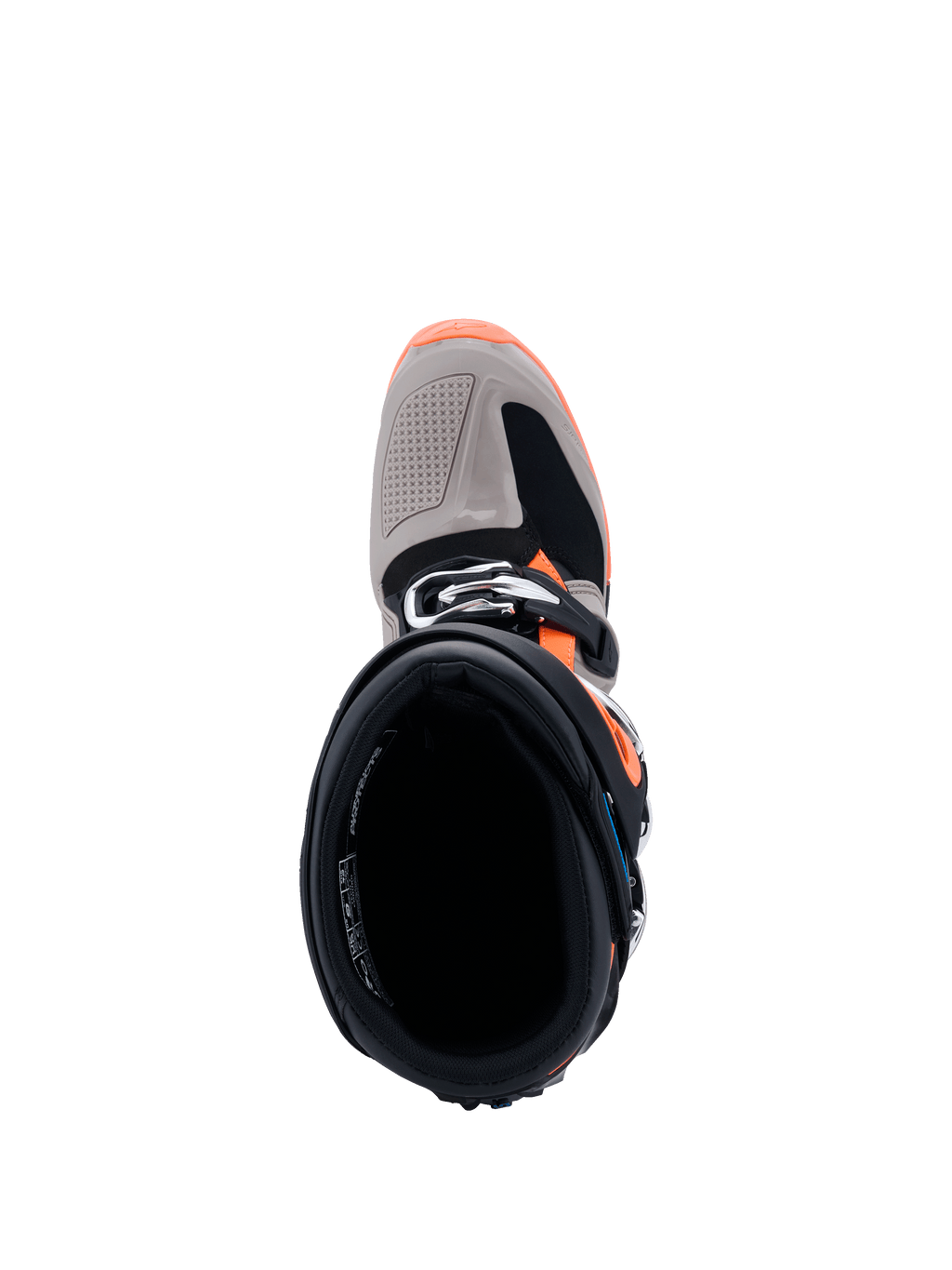 Botas Alpinestars Tech 7 Enduro 2026, vista superior desde arriba hacia la apertura de la bota, Negro, Gris Cálido y Naranja Flúor, muestra el cierre de hebilla y la puntera reforzada, calzado de motociclismo off-road de nivel profesional