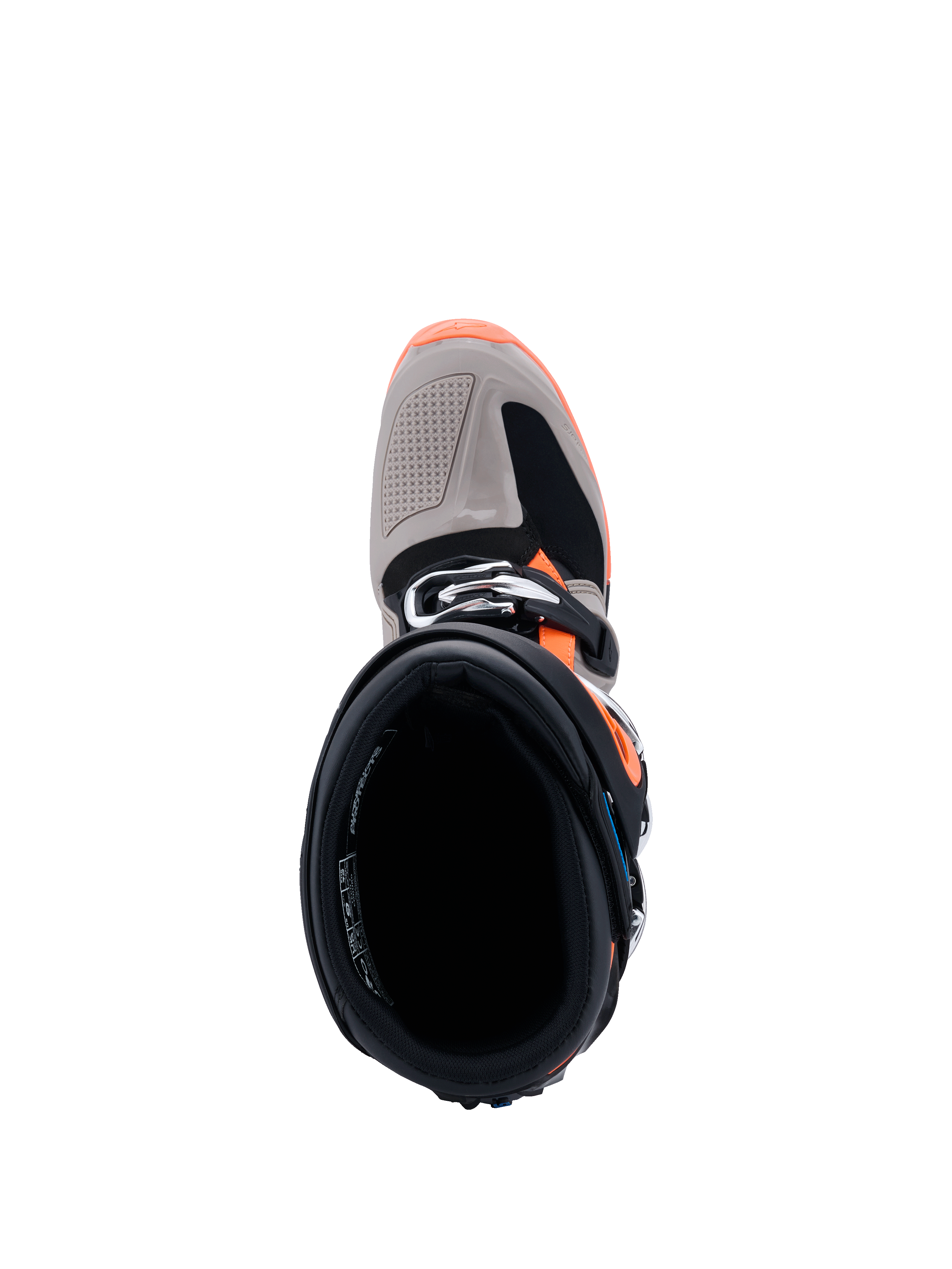 Botas Alpinestars Tech 7 Enduro 2026, vista superior desde arriba hacia la apertura de la bota, Negro, Gris Cálido y Naranja Flúor, muestra el cierre de hebilla y la puntera reforzada, calzado de motociclismo off-road de nivel profesional