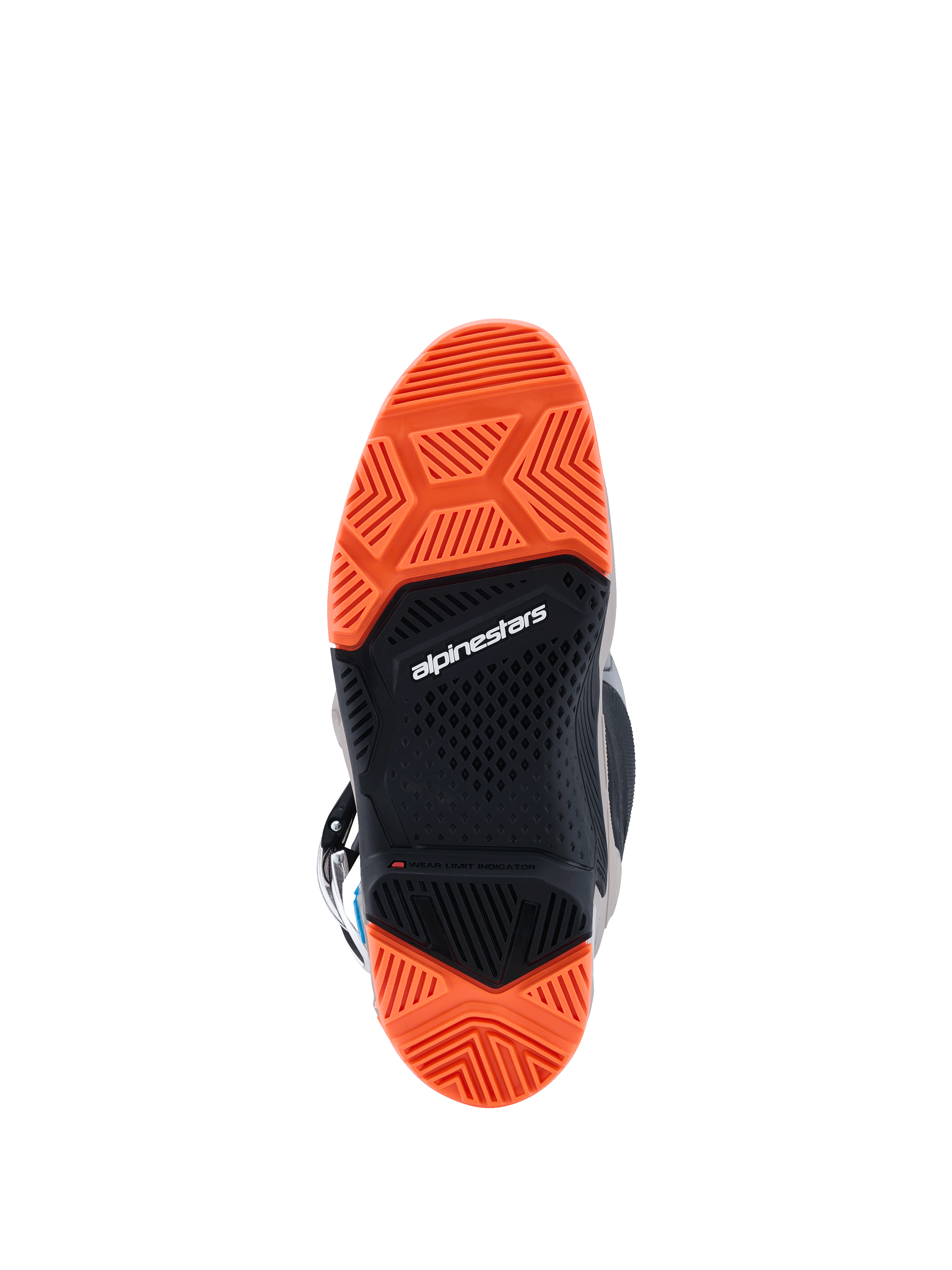 Botas Alpinestars 2026 Tech 7 Enduro, vista inferior de la suela especializada de doble compuesto, negro y naranja flúor, patrones de tracción detallados para un agarre superior en off-road, con el logotipo de Alpinestars e indicador de límite de desgaste.
