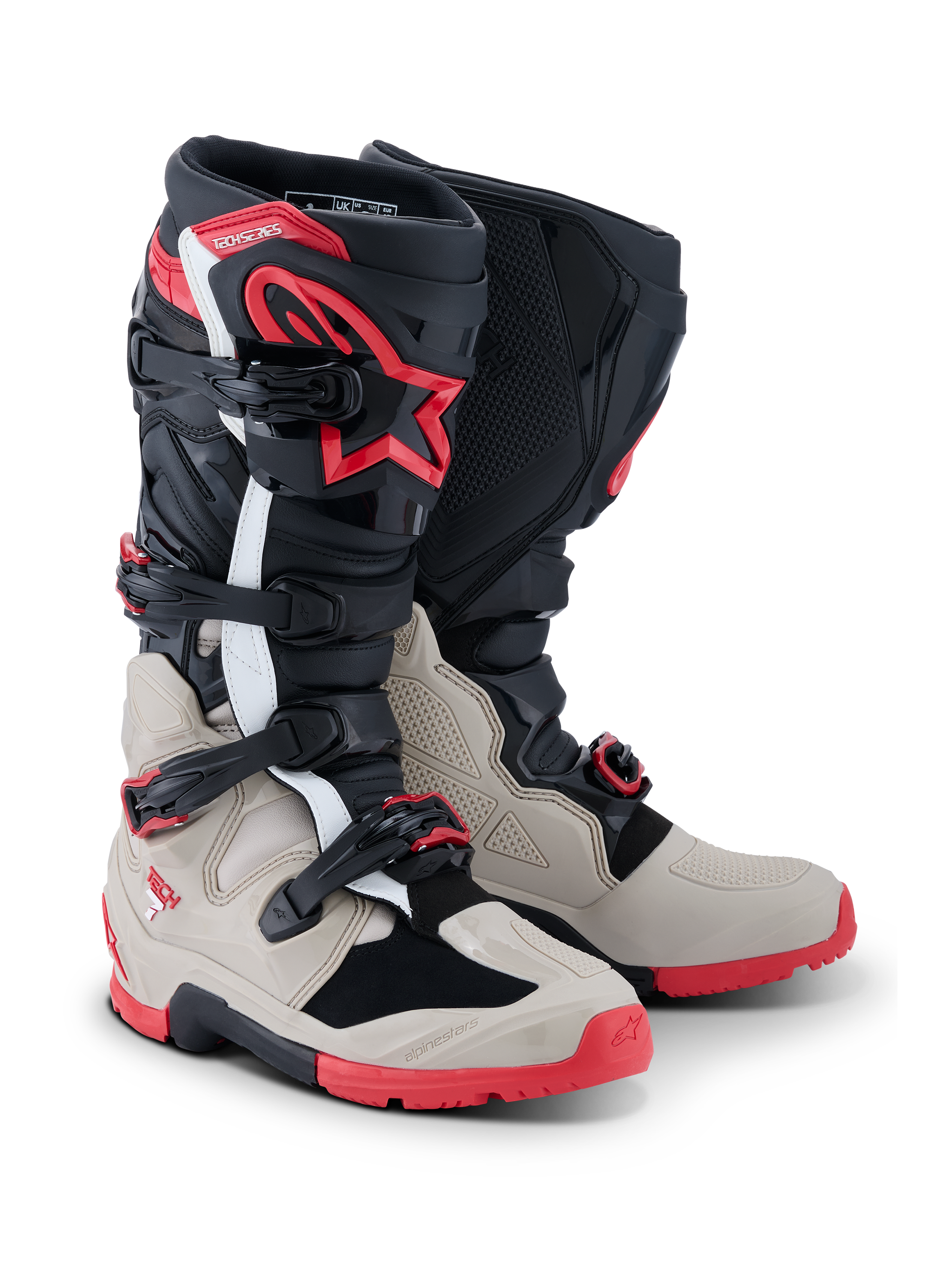 Botas Alpinestars 2026 Tech 7 Enduro, botas de motocross y enduro, negro, gris claro y rojo brillante, con sistema de cierre de cuatro hebillas, protección de espinilla de TPU con logo de estrella roja y suela roja robusta para rendimiento off-road