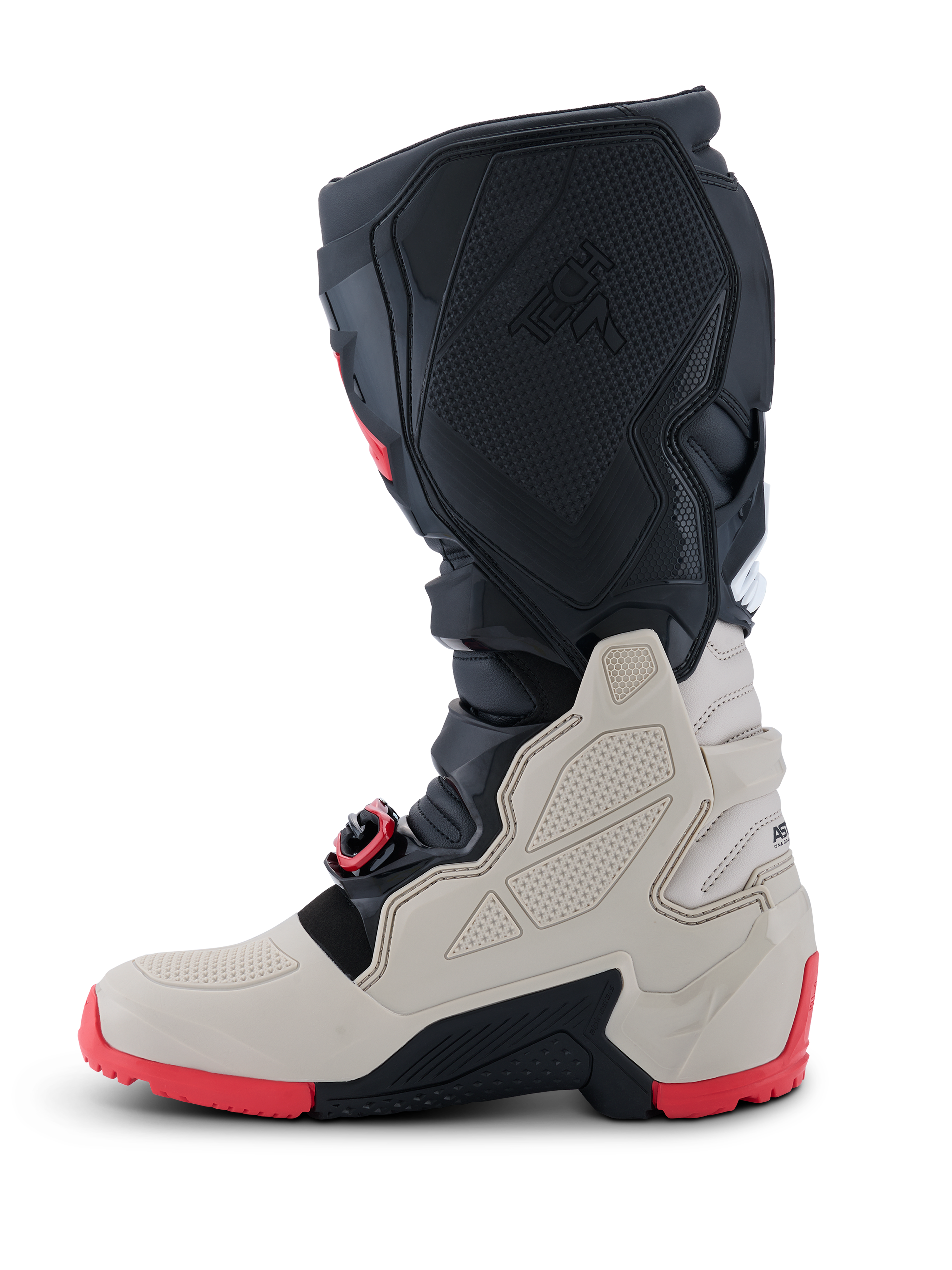 Botas Alpinestars Tech 7 Enduro 2026, botas de moto off-road, negro, gris claro y rojo brillante, vista de perfil que muestra los paneles de protección de TPU, sistema de hebillas autoalineables y suela robusta de doble compuesto roja para enduro