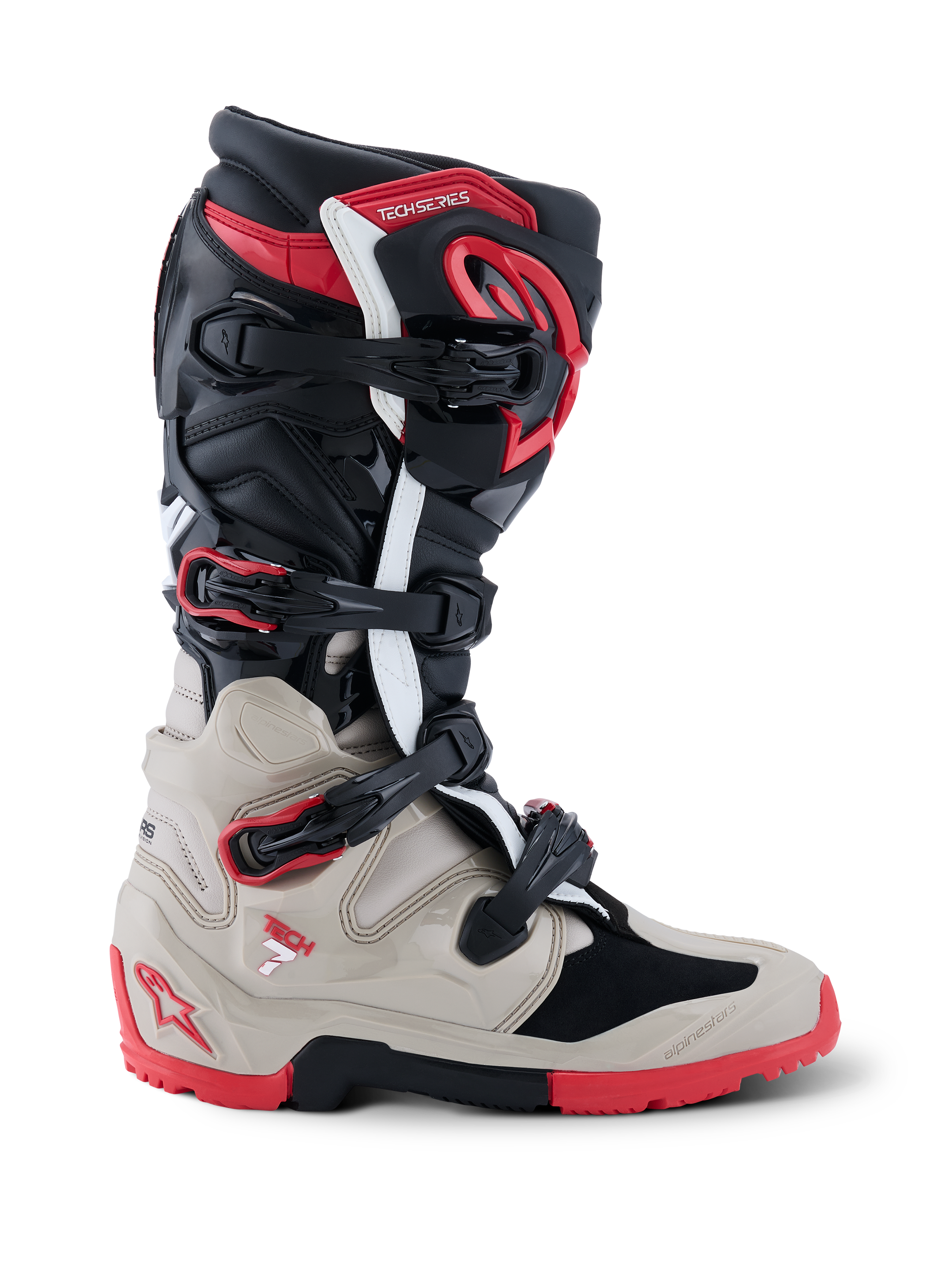 Alpinestars 2026 Tech 7 Enduro Boots, botas de motocicleta off-road en negro, gris claro y rojo brillante, vista de perfil lateral con sistema de múltiples hebillas y protección de TPU contra impactos.