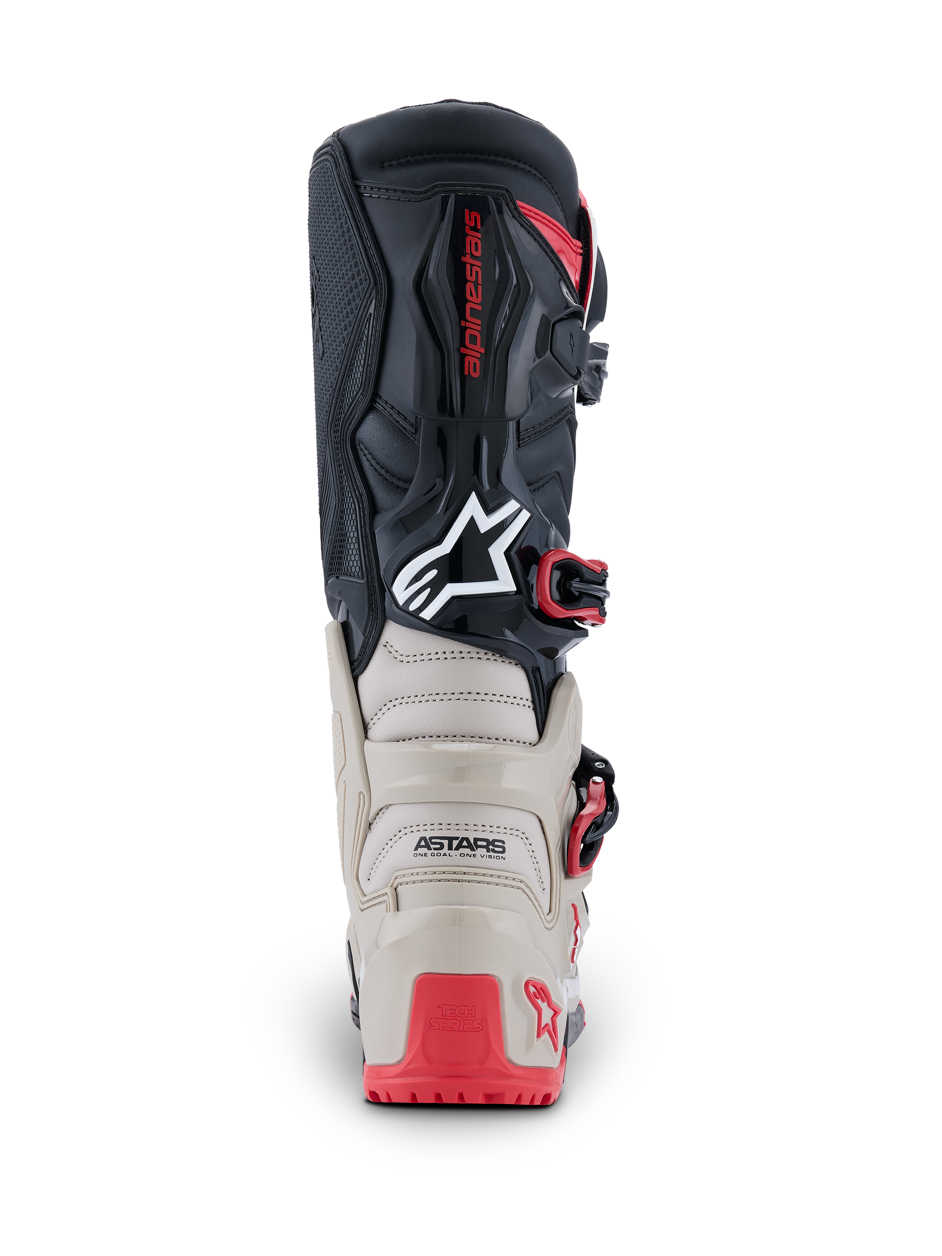 Botas Alpinestars 2026 Tech 7 Enduro, vista trasera, negro, gris claro y rojo brillante, con protección de TPU reforzada en el talón y la pantorrilla, logotipo blanco de Astars y detalles rojos en las hebillas, construcción duradera para carreras off-road