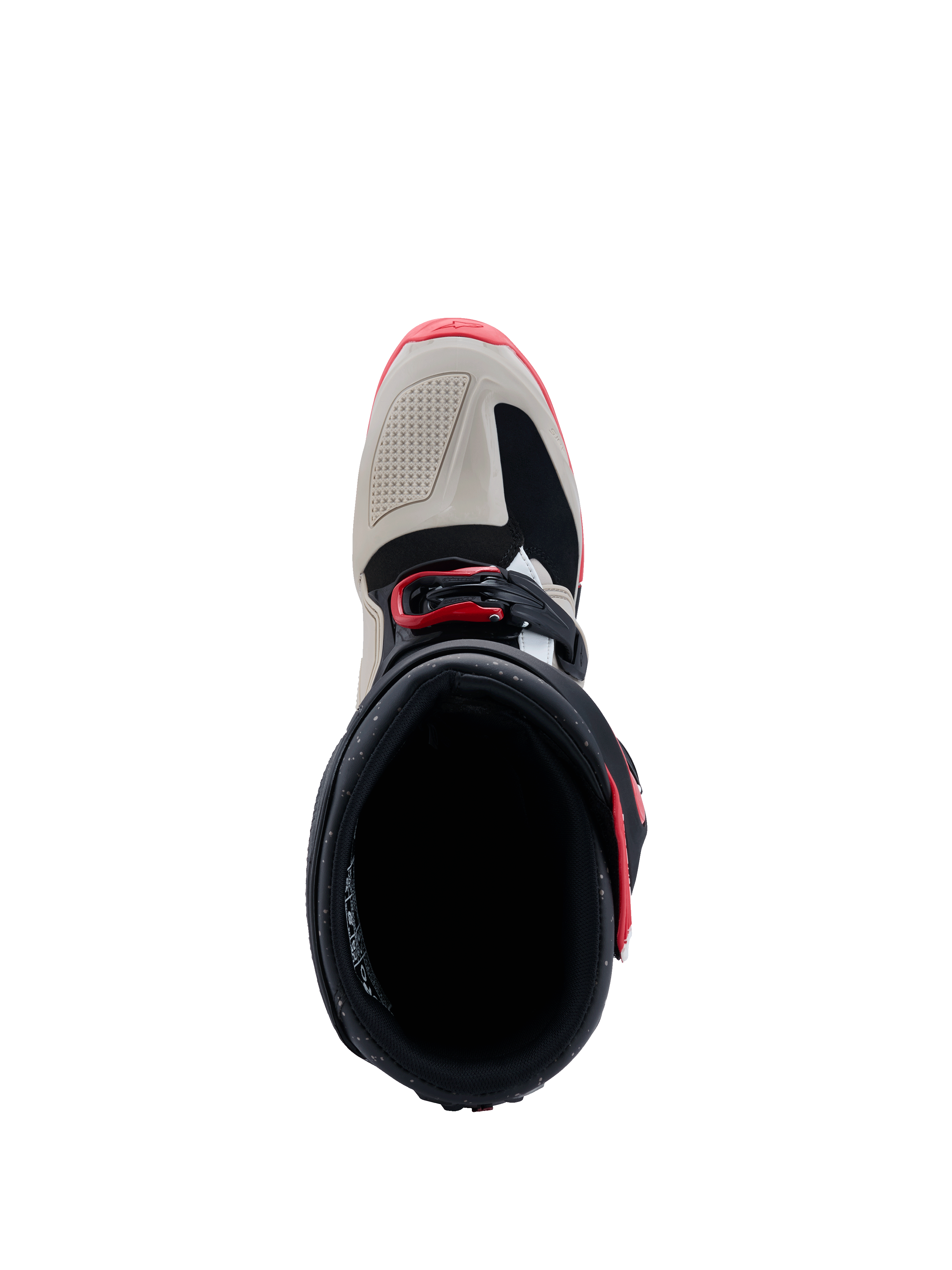 Botas Alpinestars 2026 Tech 7 Enduro, negro, gris claro y rojo brillante, vista superior que muestra la apertura de la bota y la puntera, con refuerzos de TPU gris claro y detalles de hebillas en rojo, calzado especializado para off-road