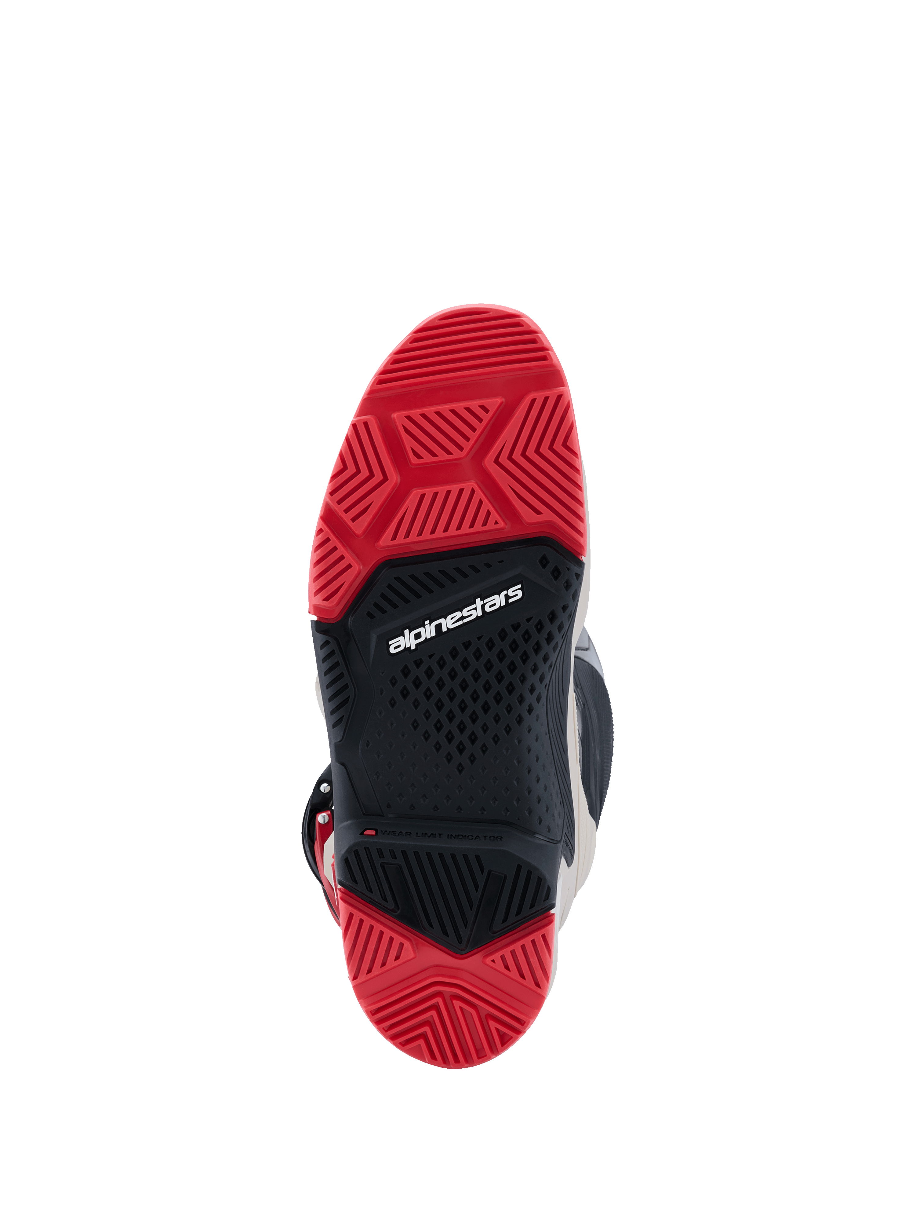 Botas Alpinestars 2026 Tech 7 Enduro, vista inferior de la suela de doble compuesto, goma en rojo brillante y negro con un patrón de dibujo especializado para agarre off-road, con el logotipo blanco de Alpinestars en el centro.