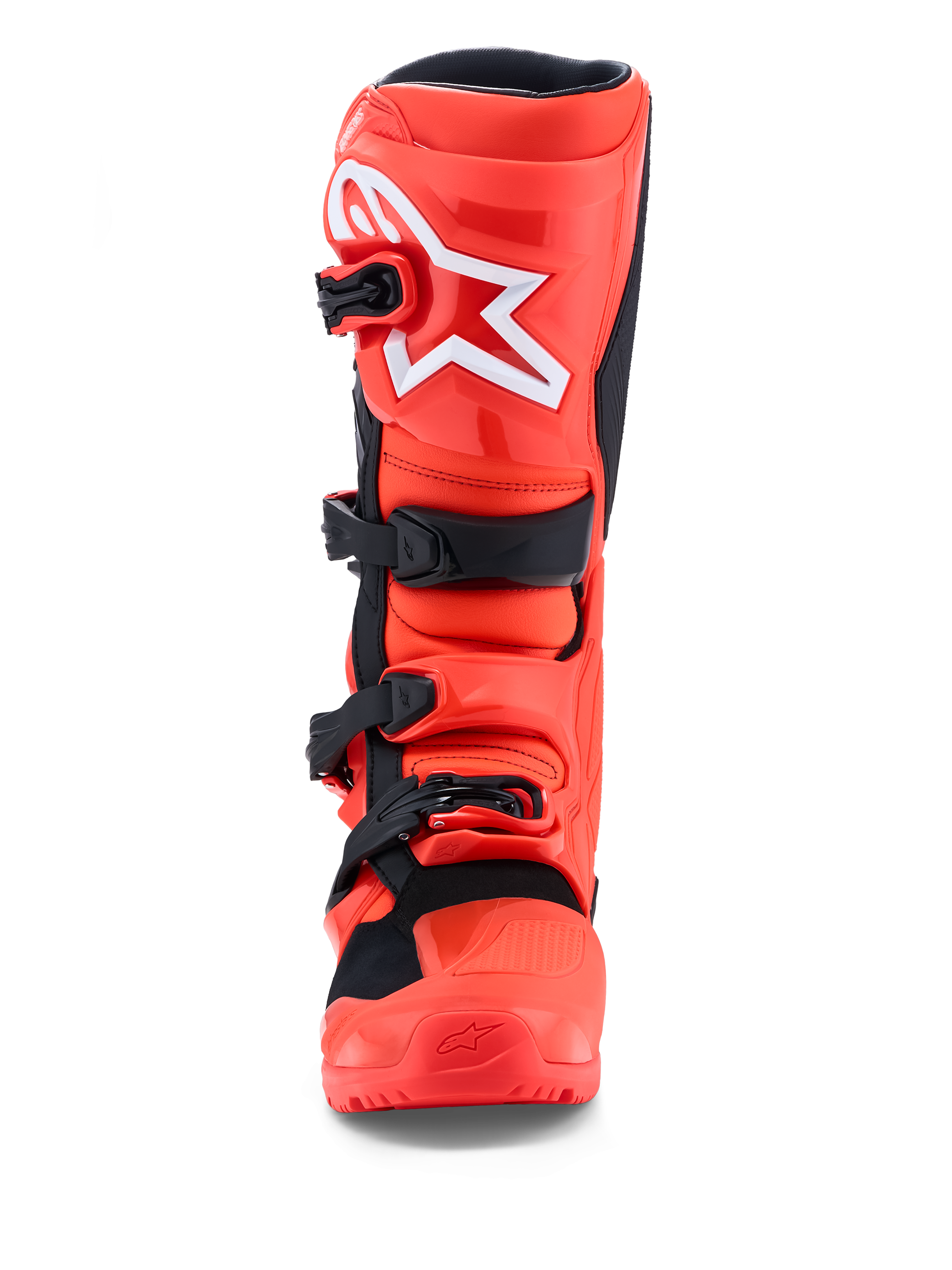 Alpinestars Tech 7 Enduro Boots, Fluorescent Red and Black Motocross Boots with CE Certified TPU protection, frontal view.