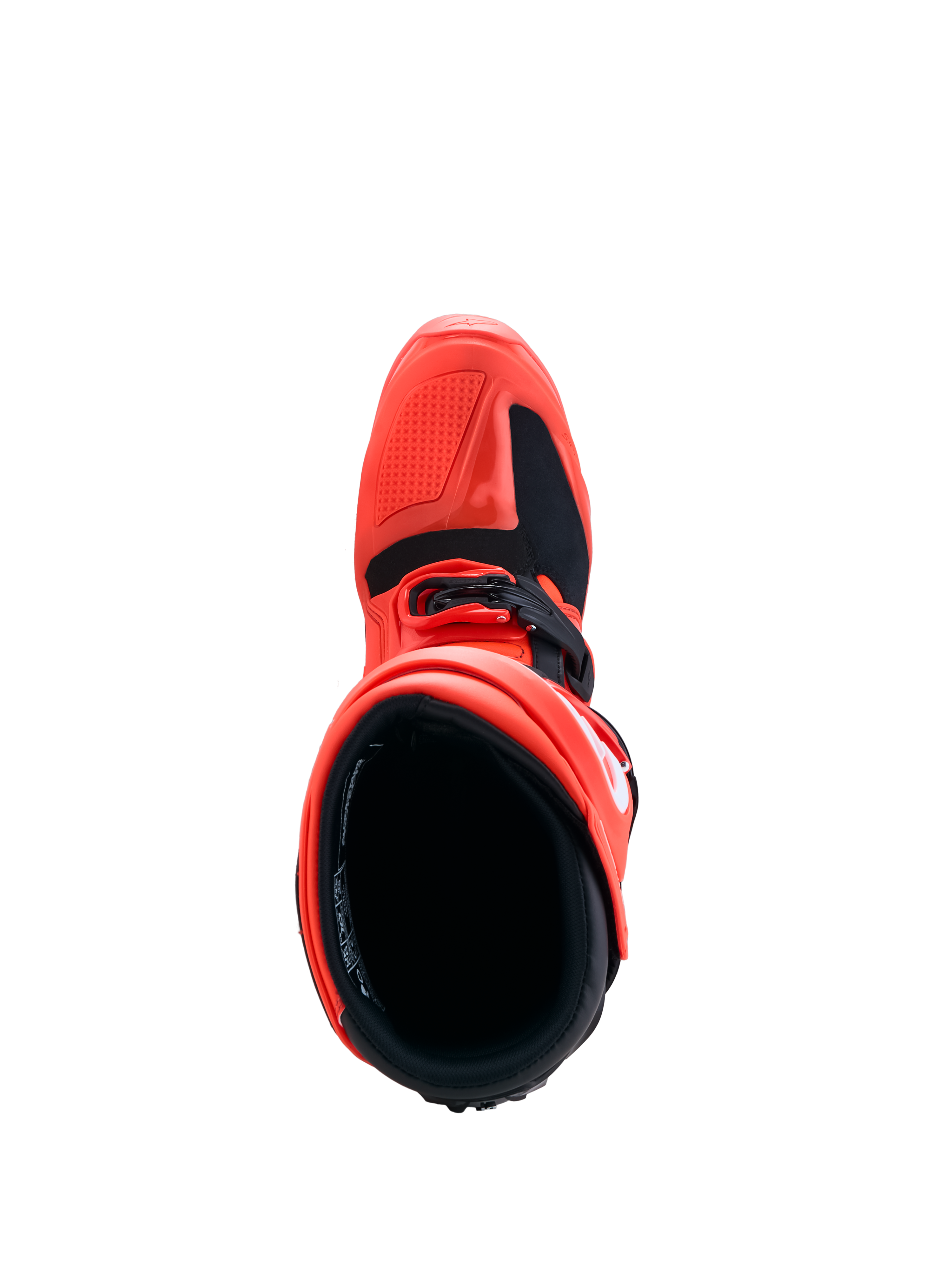 Alpinestars Tech 7 Enduro Boots in red and black, featuring a top-down view of the durable TPU chassis and inner lining.