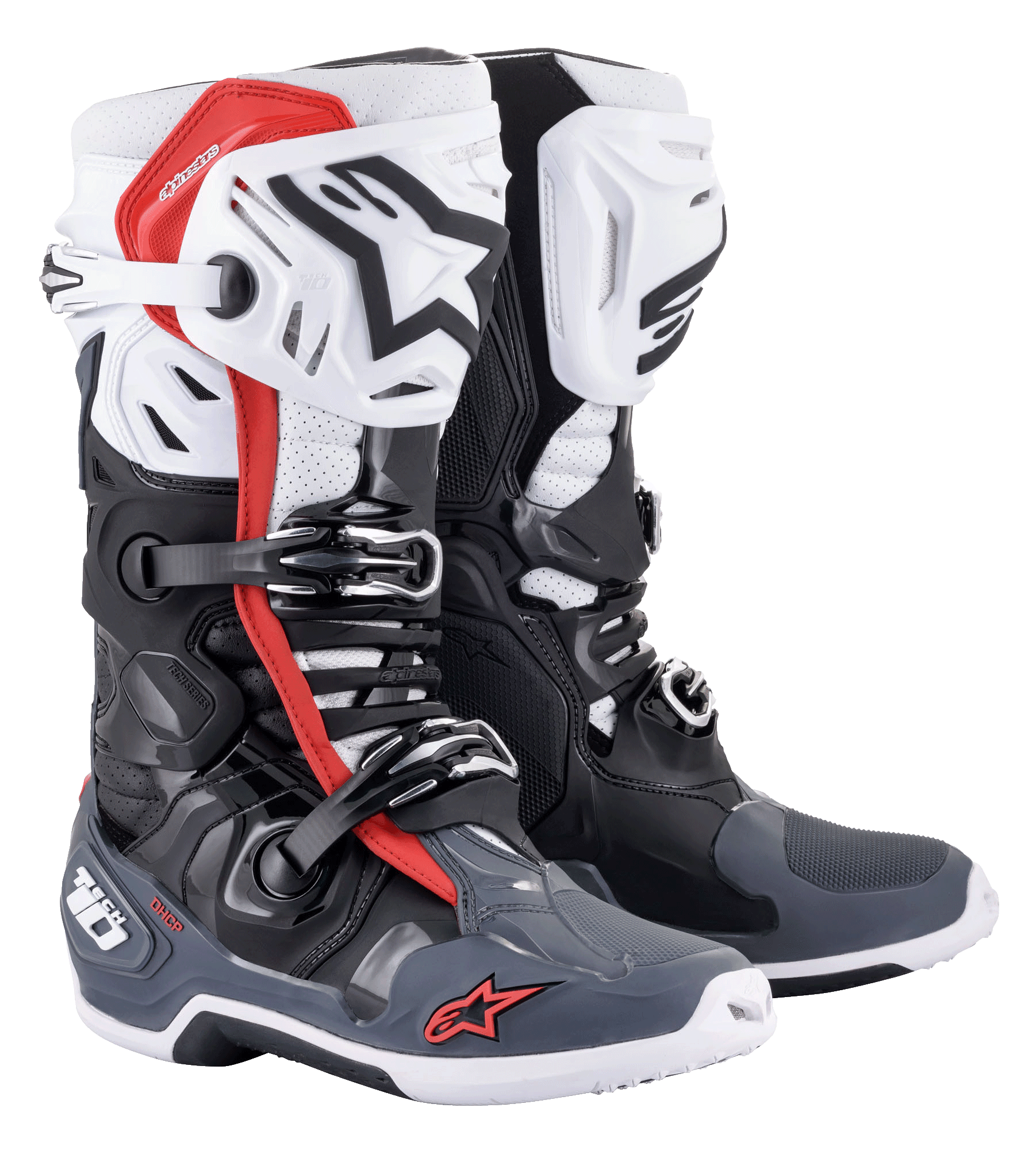 Botas Alpinestars Tech 10 Supervented, botas de motocross, negro, blanco, gris medio y rojo, con placas de espinilla ventiladas, construcción de microfibra perforada para el flujo de aire, sistema de cierre de hebillas múltiples y marca Alpinestars en la puntera y el talón.