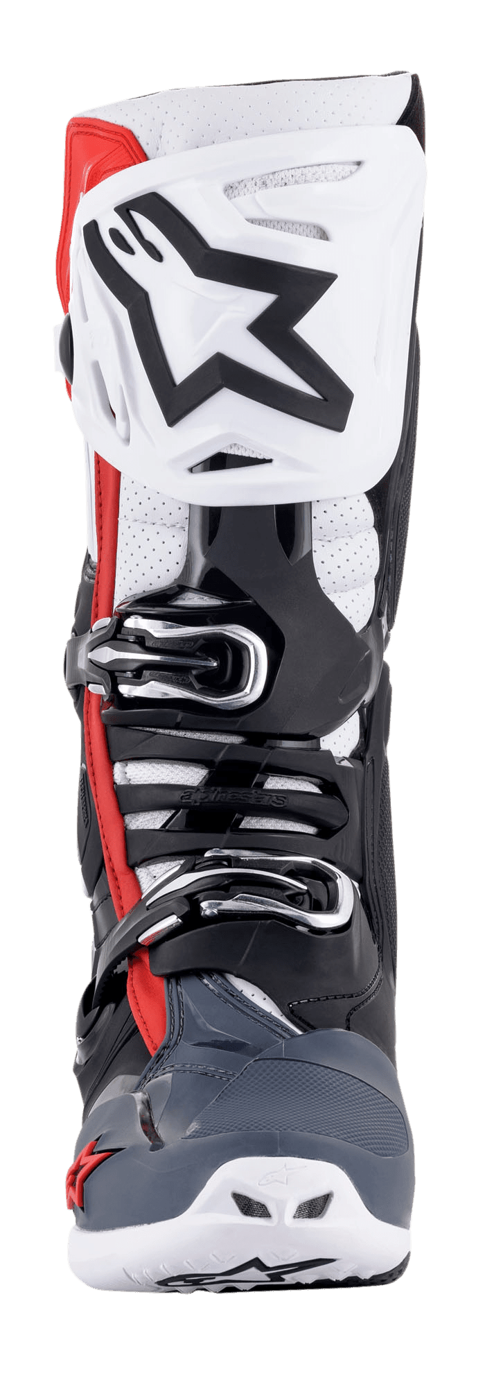 Botas Alpinestars Tech 10 Supervented, vista frontal, negro, blanco, gris medio y rojo, con placa de espinilla ventilada con logotipo de estrella negra grande, sistema de hebillas microajustables, zonas perforadas para el flujo de aire y chasis protector de TPU duradero para motocross.