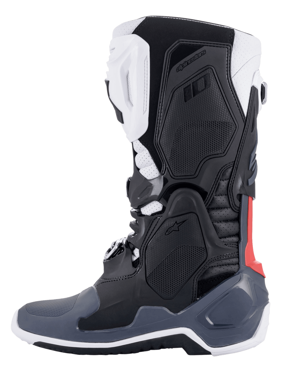 Botas Alpinestars Tech 10 Supervented, botas de motocross, negro, blanco, gris medio y rojo, vista de perfil lateral, con paneles de TPU ventilados, construcción de microfibra perforada y suela de alto rendimiento para conducción off-road