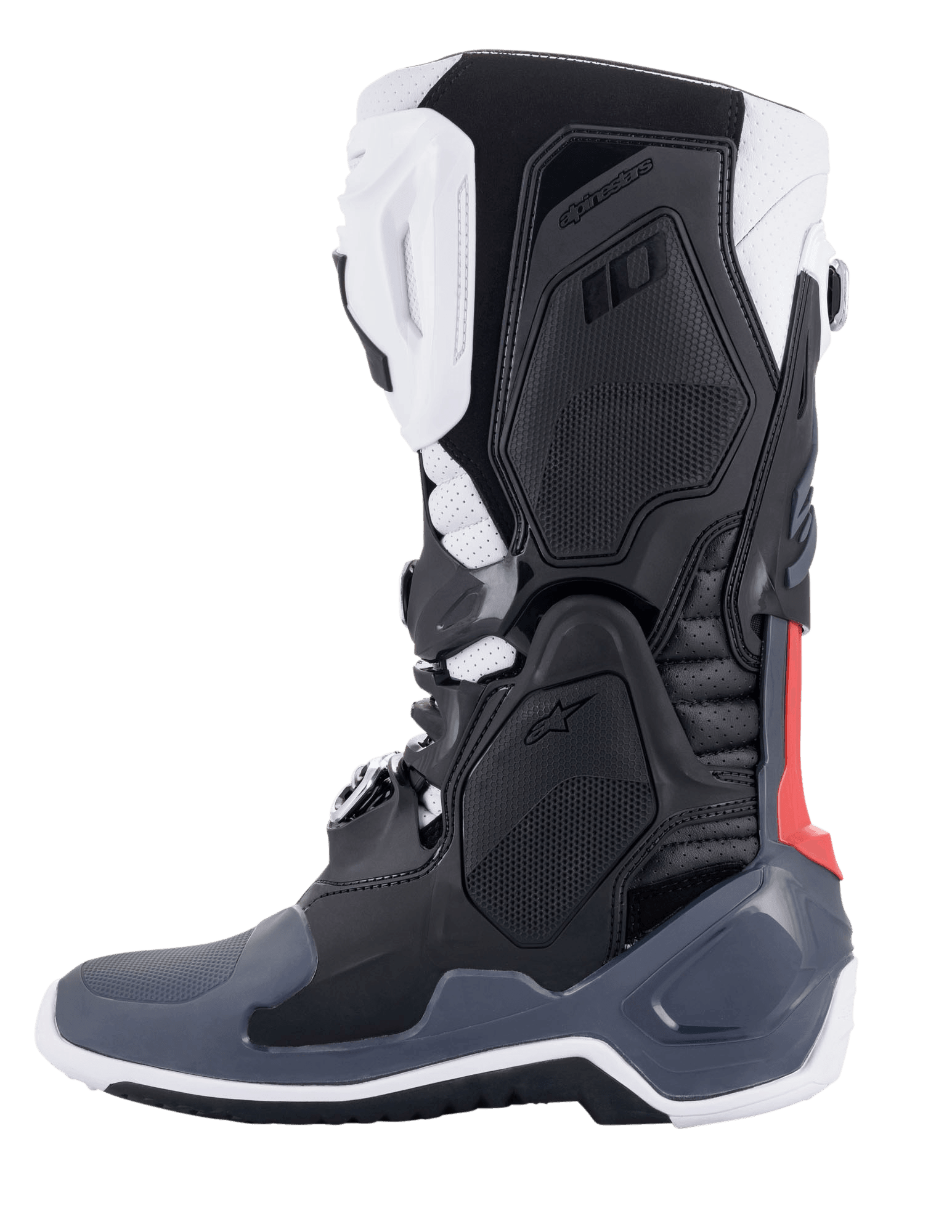 Botas Alpinestars Tech 10 Supervented, botas de motocross, negro, blanco, gris medio y rojo, vista de perfil lateral, con paneles de TPU ventilados, construcción de microfibra perforada y suela de alto rendimiento para conducción off-road