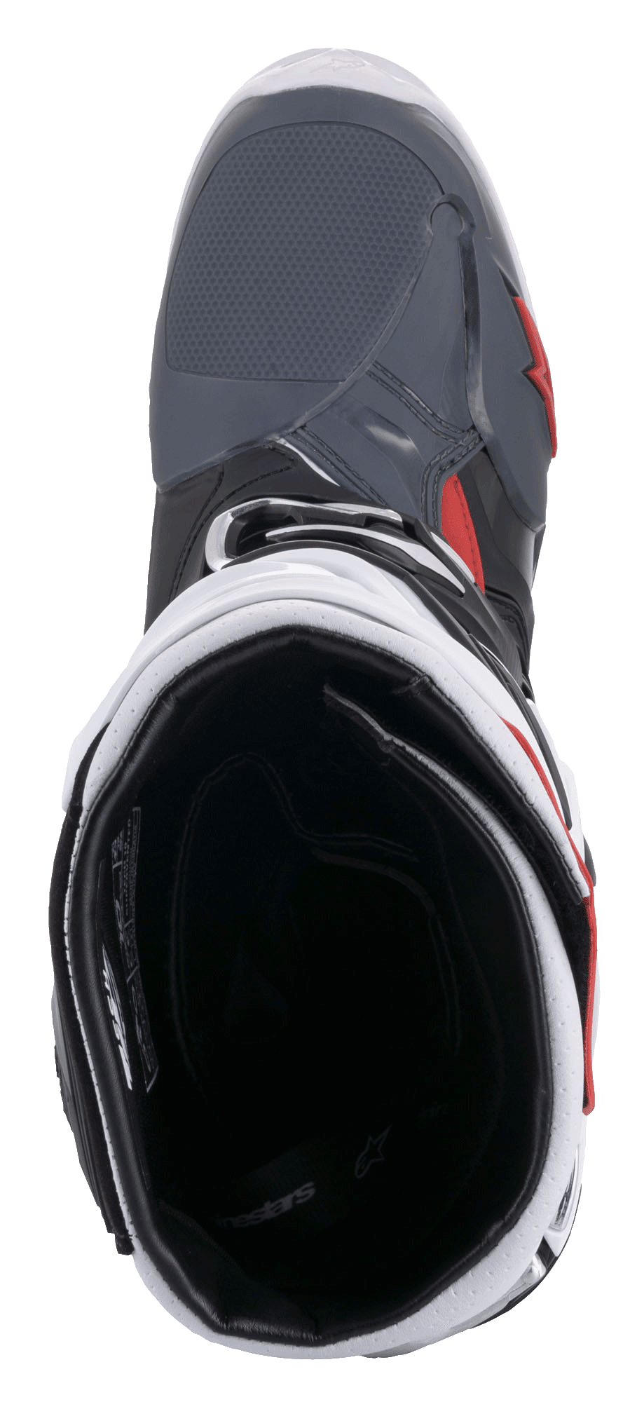 Botas Alpinestars Tech 10 Supervented, botas de motocross, negro, blanco, gris medio y rojo, vista superior del forro de malla interior y el cuello acolchado, diseño técnico para un rendimiento de alto flujo de aire
