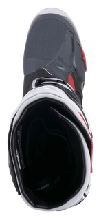 Botas Alpinestars Tech 10 Supervented, botas de motocross, negro, blanco, gris medio y rojo, vista superior del forro de malla interior y el cuello acolchado, diseño técnico para un rendimiento de alto flujo de aire