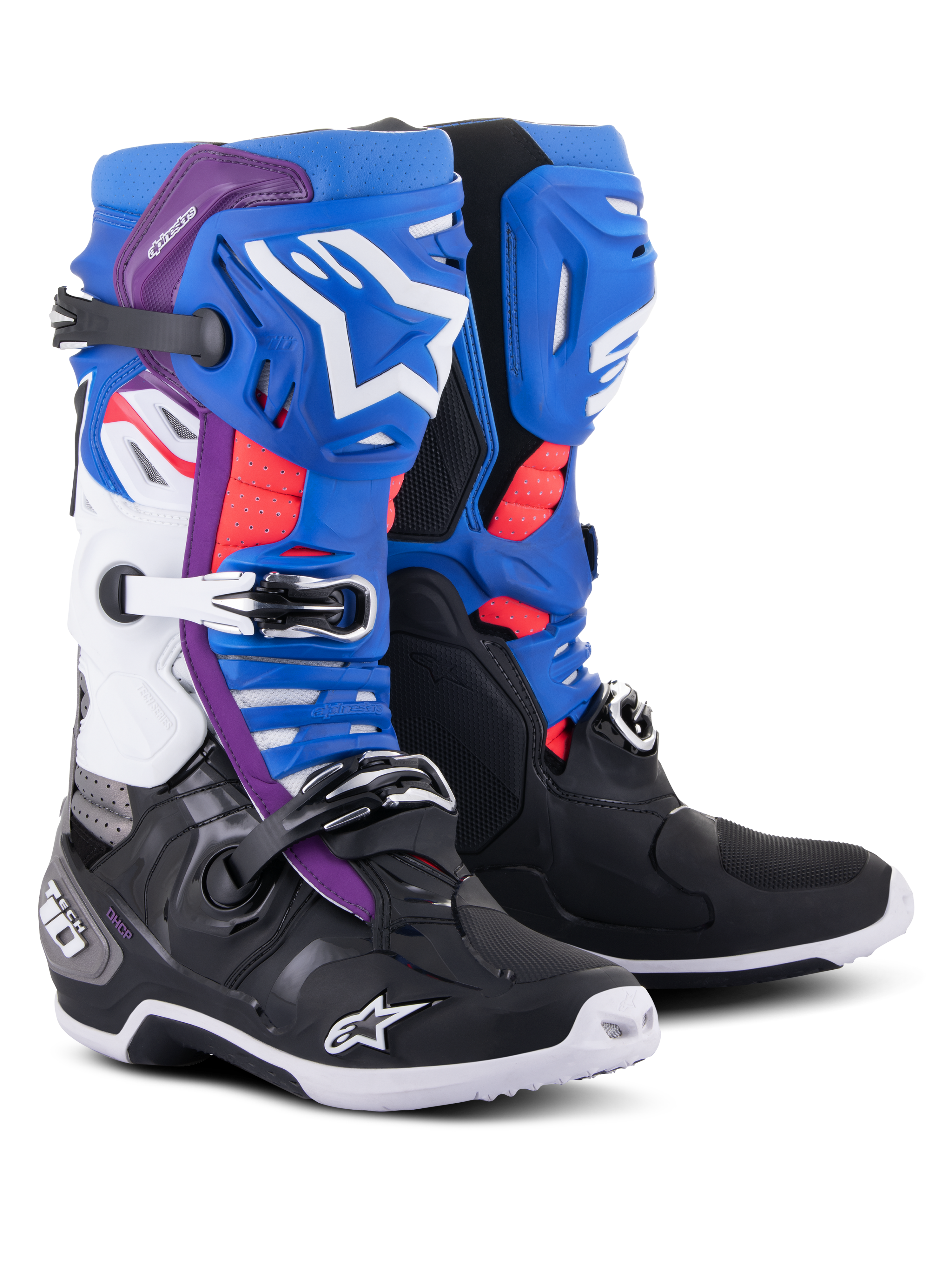 Alpinestars Tech 10 Supervented Boots, Motocross Boots, Black Enamel Blue Purple and White, featuring ventilated shin plates with white Alpinestars branding, red mesh accents, and secure buckle closures for off-road performance.