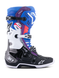 Alpinestars Tech 10 Supervented Boots, Motocross Racing Boots, Blue Purple White Black and Red, side profile view featuring a triple buckle closure system, ventilated zones, and Alpinestars star logo branding.