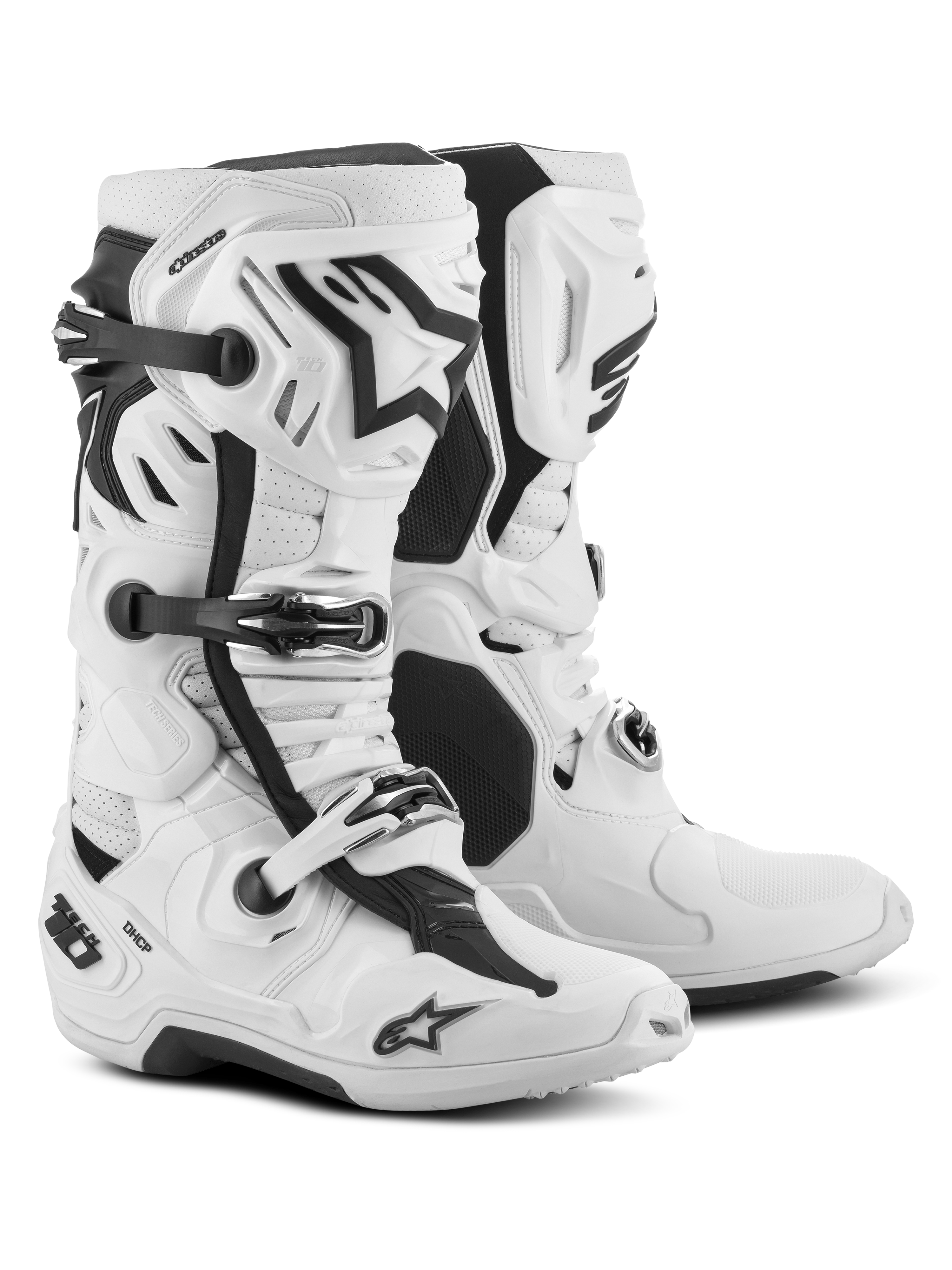 Botas Alpinestars Tech 10 Supervented, botas de motocross, blancas, con puertos de entrada de aire frontales, placa de espinilla ventilada y sistema de hebillas ajustables, calzado de alto rendimiento para carreras todoterreno