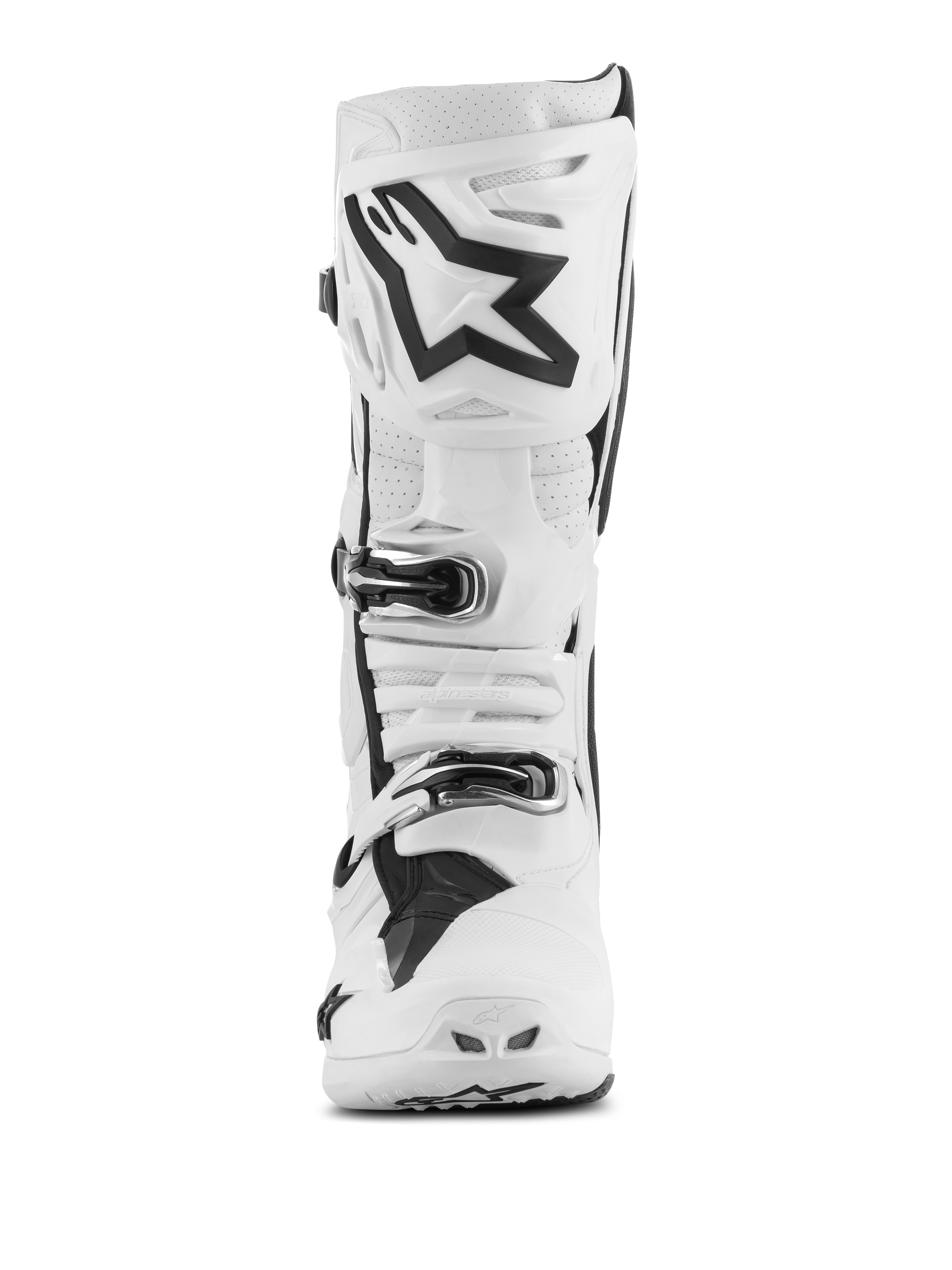 Botas Alpinestars Tech 10 Supervented, botas de motocross, blancas con detalles negros, vista frontal que muestra el gran logotipo Astar negro en la espinillera, sistema de cierre de hebillas y secciones perforadas para ventilación.