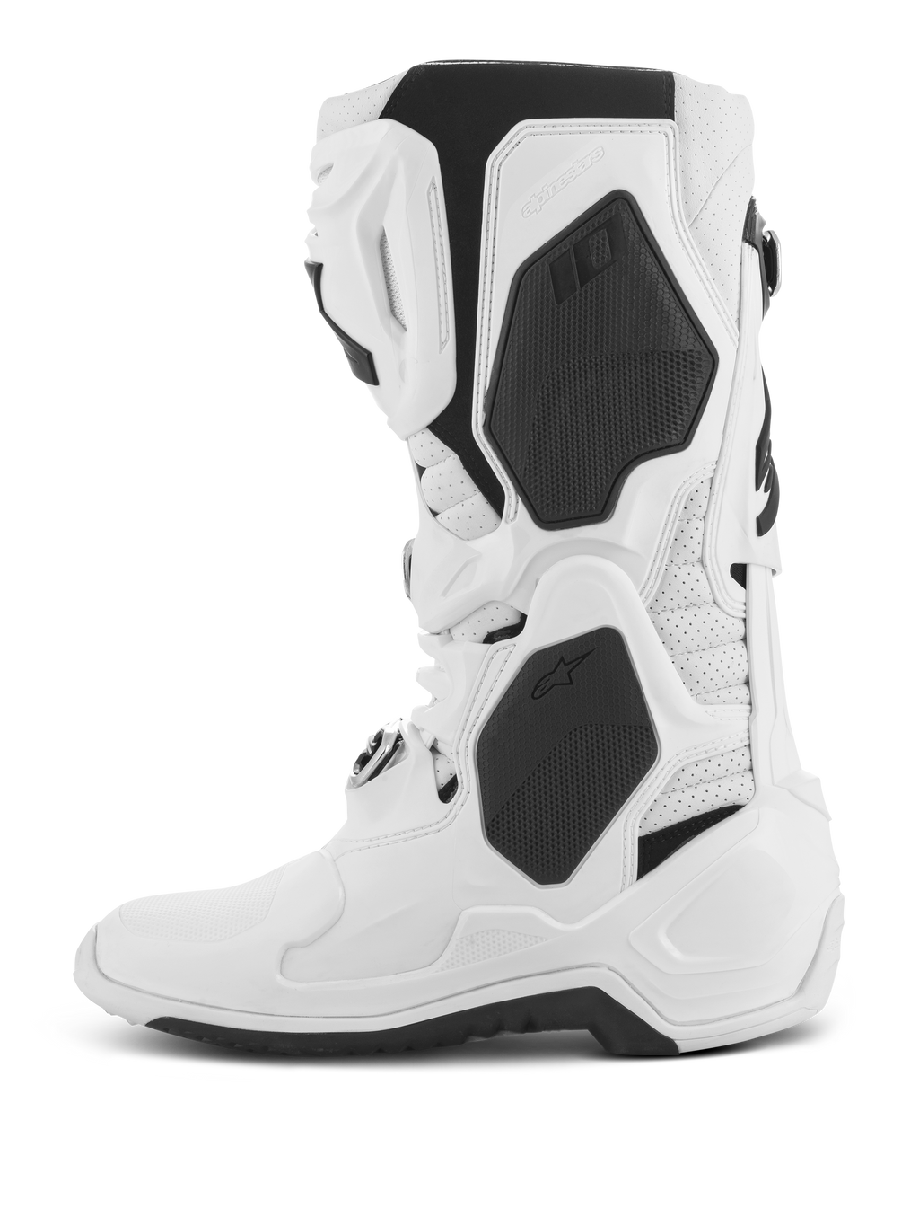 Alpinestars Tech 10 Supervented Boots, botas de motocross, blancas, vista de perfil lateral, con paneles de TPU negros y construcción de microfibra perforada, espinillera ventilada para un alto flujo de aire, calzado profesional para carreras off-road