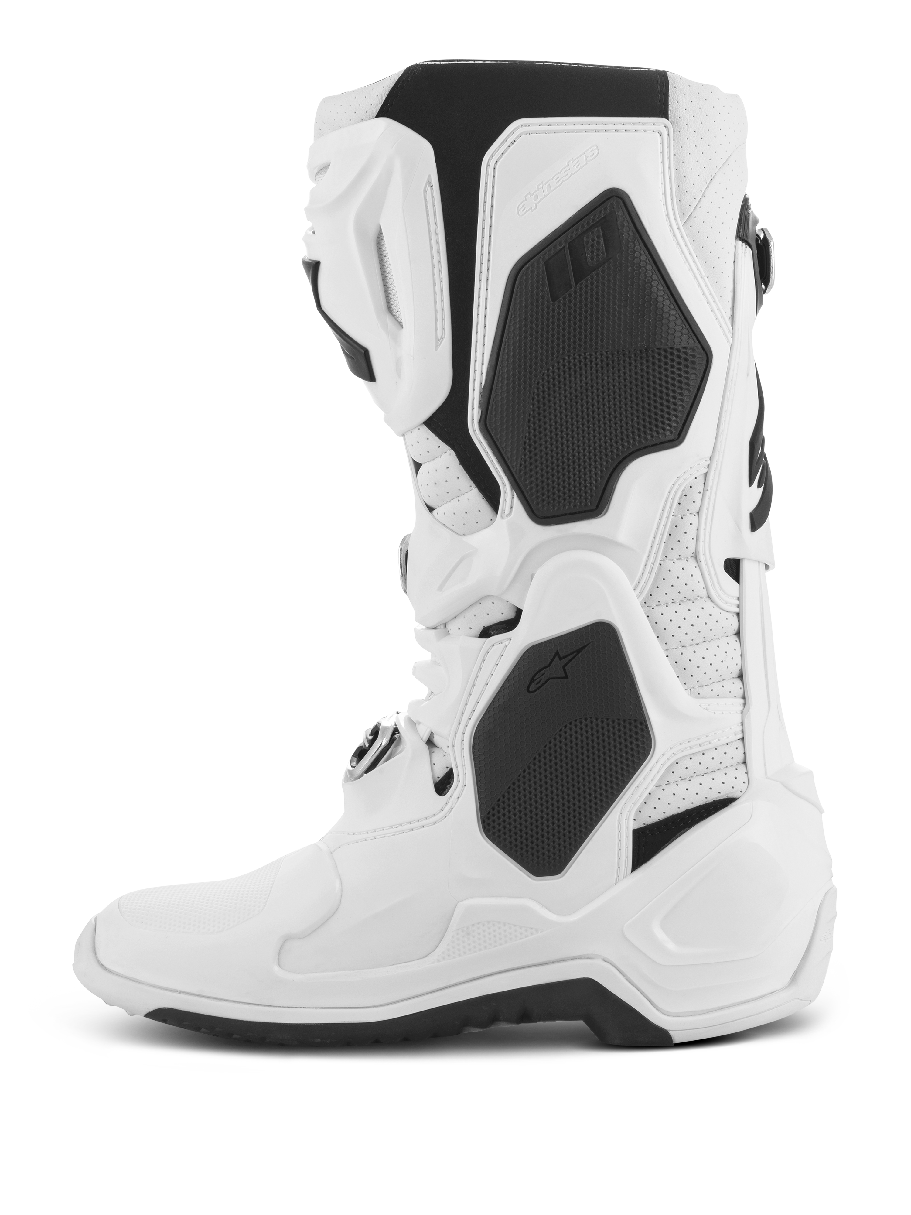 Alpinestars Tech 10 Supervented Boots, botas de motocross, blancas, vista de perfil lateral, con paneles de TPU negros y construcción de microfibra perforada, espinillera ventilada para un alto flujo de aire, calzado profesional para carreras off-road