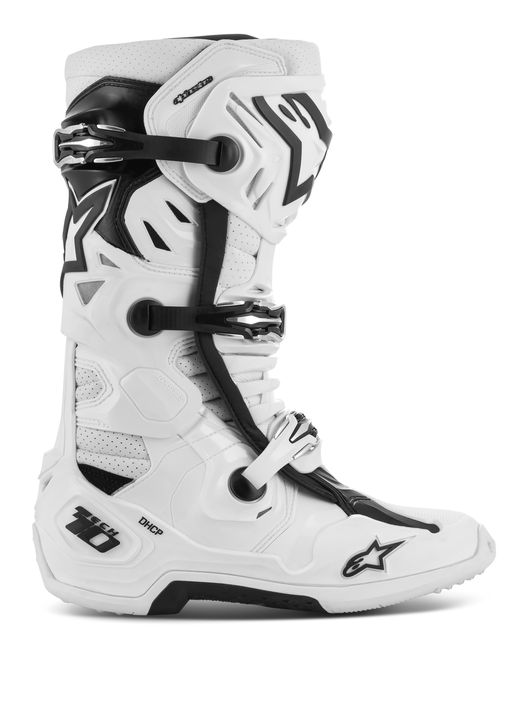 Alpinestars Tech 10 Supervented Boots, botas de motocross y competición todoterreno, blancas y negras, con múltiples hebillas ajustables, paneles de ventilación perforados y un diseño de caña alta robusto y protector