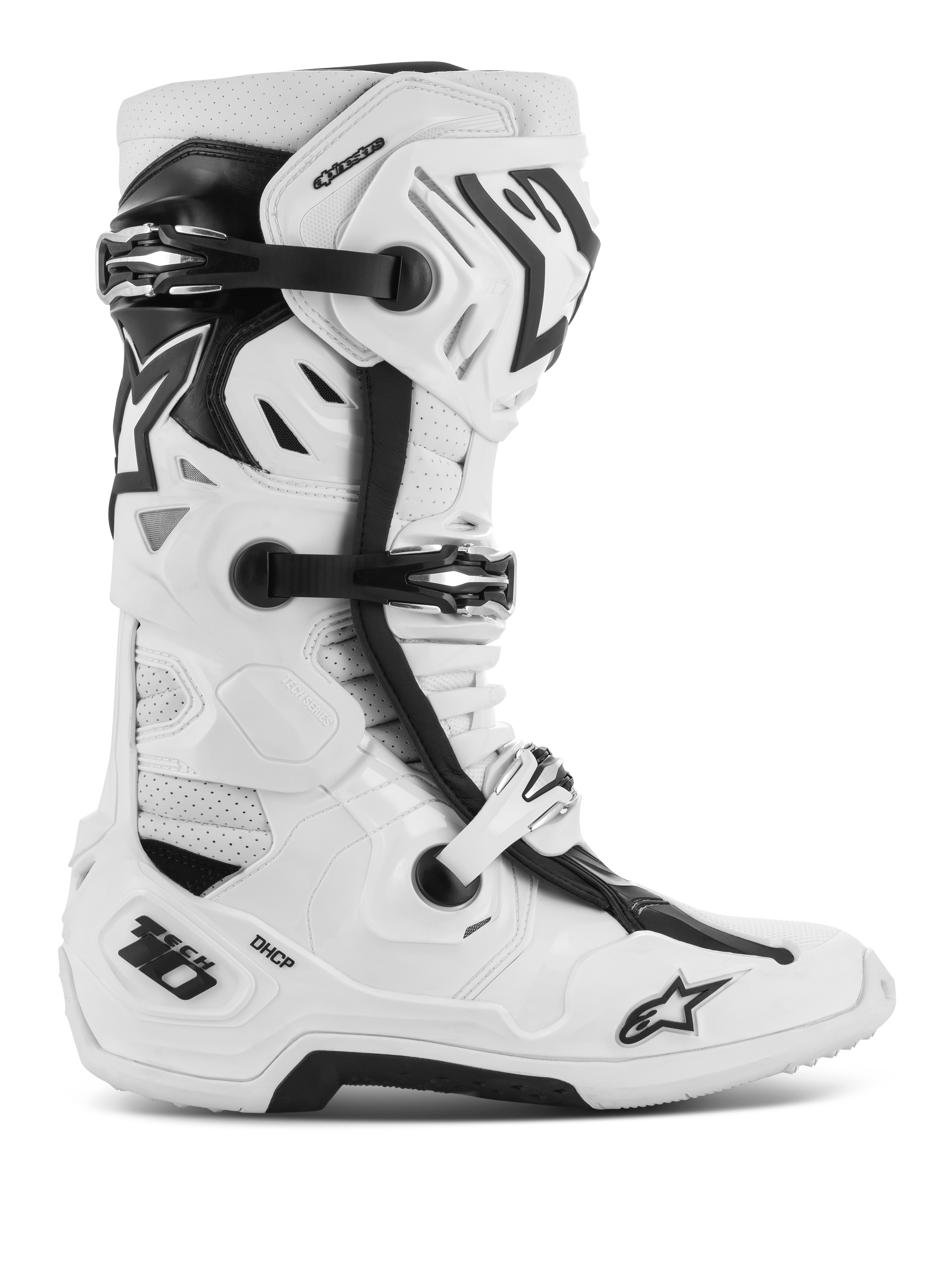 Alpinestars Tech 10 Supervented Boots, botas de motocross y competición todoterreno, blancas y negras, con múltiples hebillas ajustables, paneles de ventilación perforados y un diseño de caña alta robusto y protector